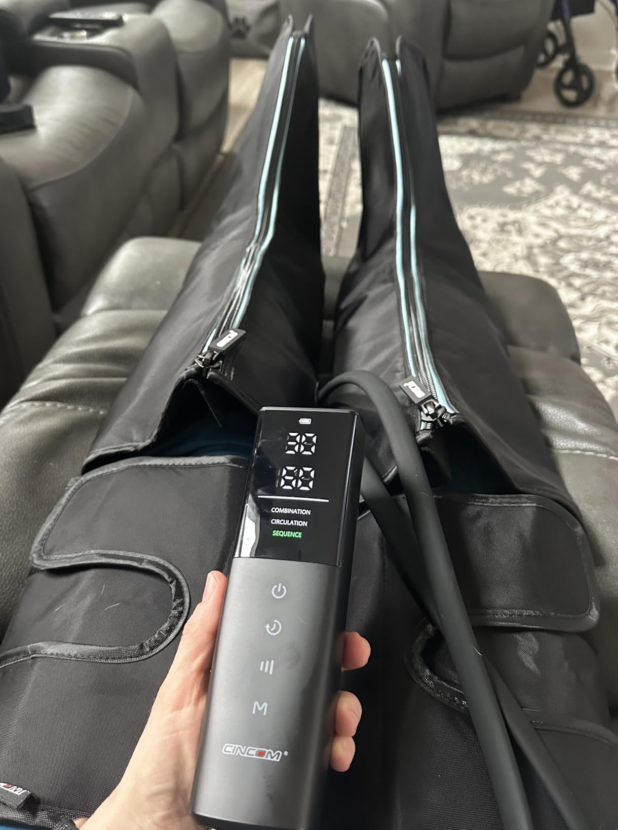 CINCOM Cordless Air Compression Massager - Rechargeable Leg & Foot Boots with 3 Modes, 10 Intensity Levels, 5 Timer Settings for Circulation, Pain Relief, Edema, RLS & Recovery customer photo 2