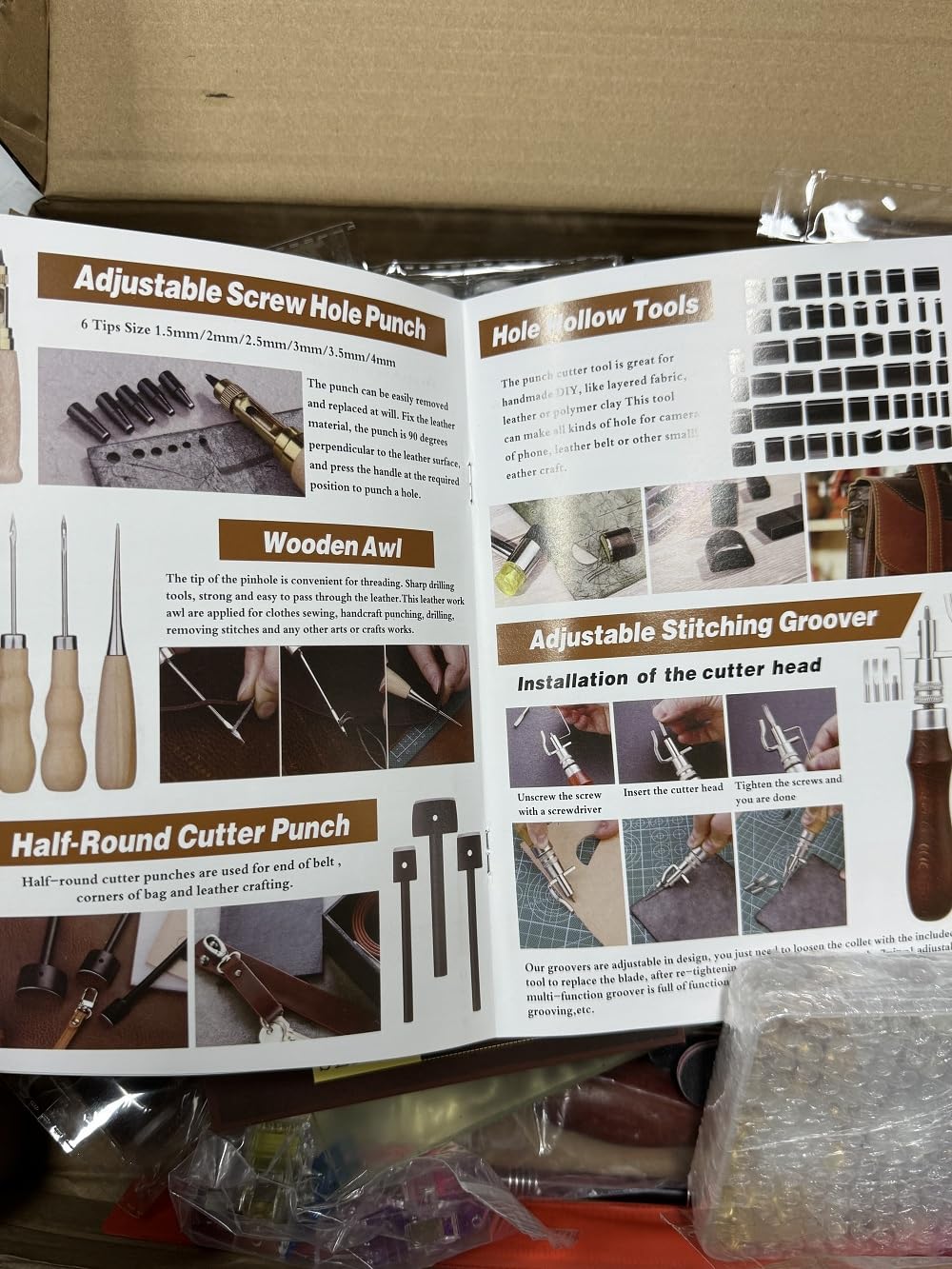 Leather Working Tooling Kit All-in-One Set Leatherworking Crafting Tools with Apron Custom Handbag Cutting Mats Stamping Engraving Punching Sewing Sanding Tools for Leather Making Repair Professional customer photo 2