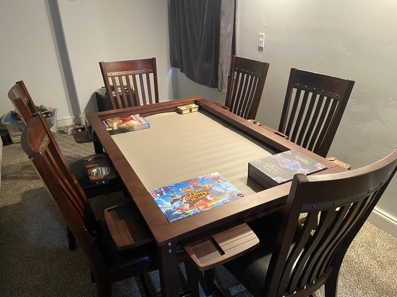 Convertible Board Game Table for 4-6 Players, Spacious Gaming Space w/Clean-Edge Table Top, Non-Slip Play Mat, Cup Holder & Game Tray, Dining Table w/Storage for DND, Poker Card, Family Dinner customer photo 1
