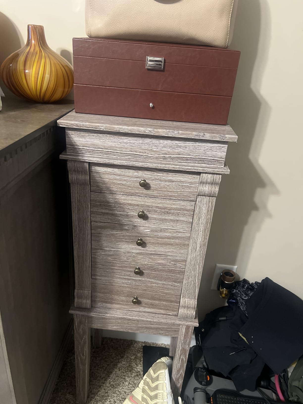 Giantex Jewelry Cabinet Armoire with Flip Top Mirror, 5 Drawers & Swing Doors, Space-Saving Jewelry Organizer, Velvet Lined, Light Gray Oak customer photo 1