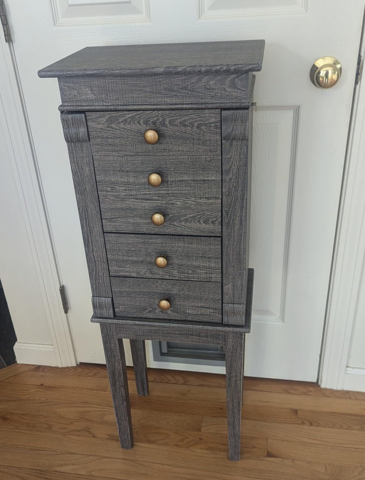 Giantex Jewelry Cabinet Armoire with Flip Top Mirror, 5 Drawers & Swing Doors, Space-Saving Jewelry Organizer, Velvet Lined, Light Gray Oak customer photo 2