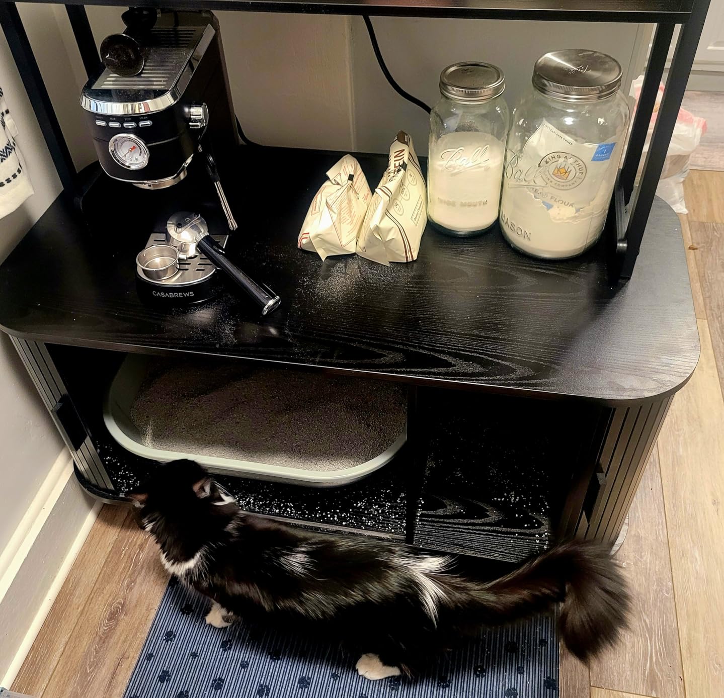 ONBRILL 54 Inch Hidden Litter Box Furniture with Shelves and Outlets, Fluted Cat Litter Box Enclosure, Mid-Century Modern Wooden Cat House with Sliding Tambour Door and Hooks, Walnut customer photo 2