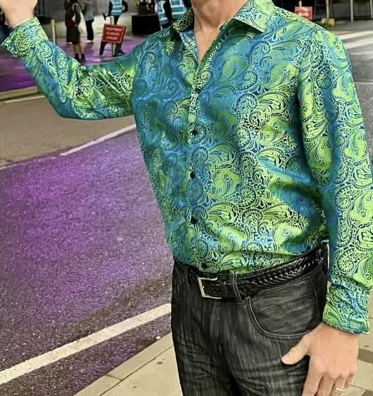 Mens Western Shirts Silk Paisley Long Sleeve Button Down Dress Shirt Designer Mexico Cowboy Shirt Party Casual customer photo 1