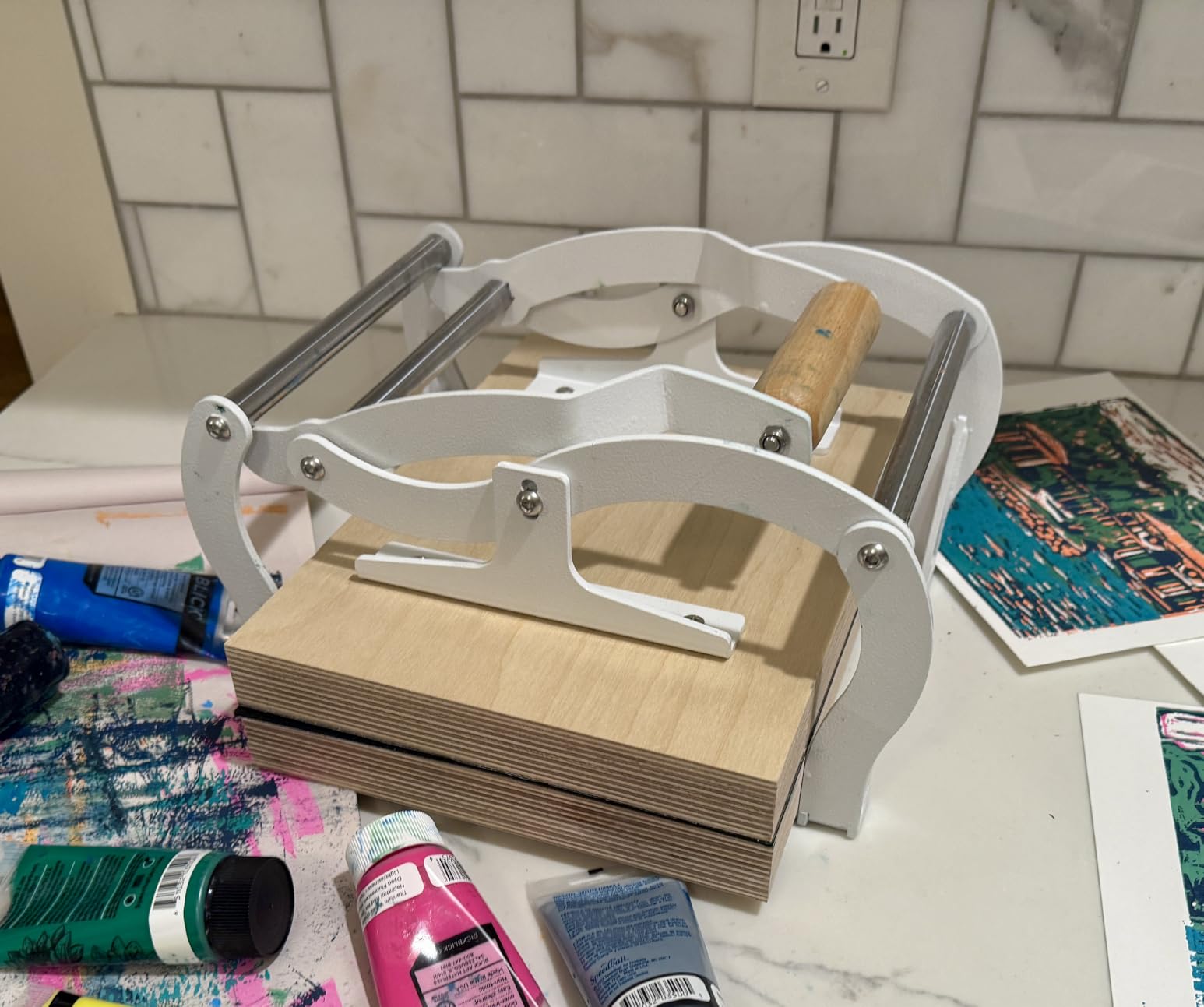 TOPOWN Linocut Printing Hand Lever Press Machine, Linocut Press Machine, Manual Hand Lever Printing Press for Linoleum Blocks with Felt Pad(fit up to 25mm Thick Blocks, A4, White) customer photo 2