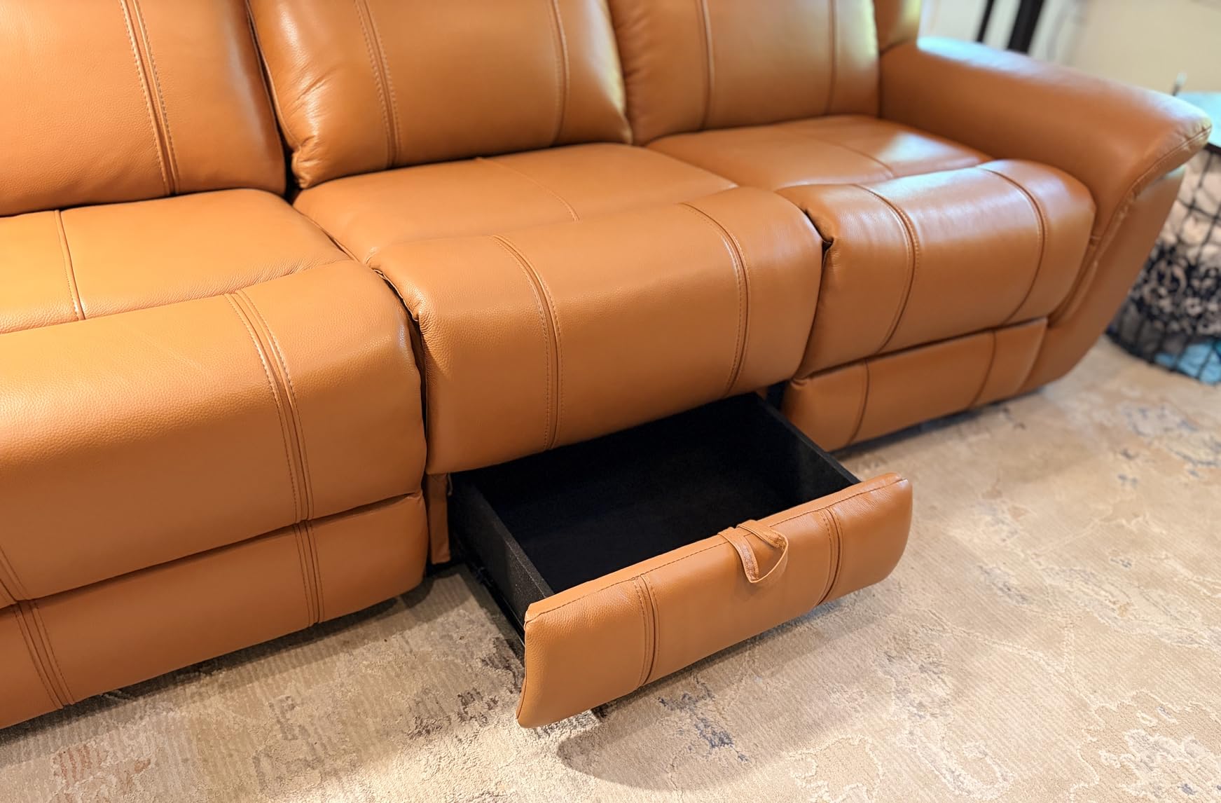 CHITA Genuine Leather Power Recliner Sofa, Wall Hugger Reclining Sofa with Drop Down Table, Power Headrest, Drawers, Charging Ports, Reclining Sectional Couch for Living Room, RV, Saddle customer photo 1