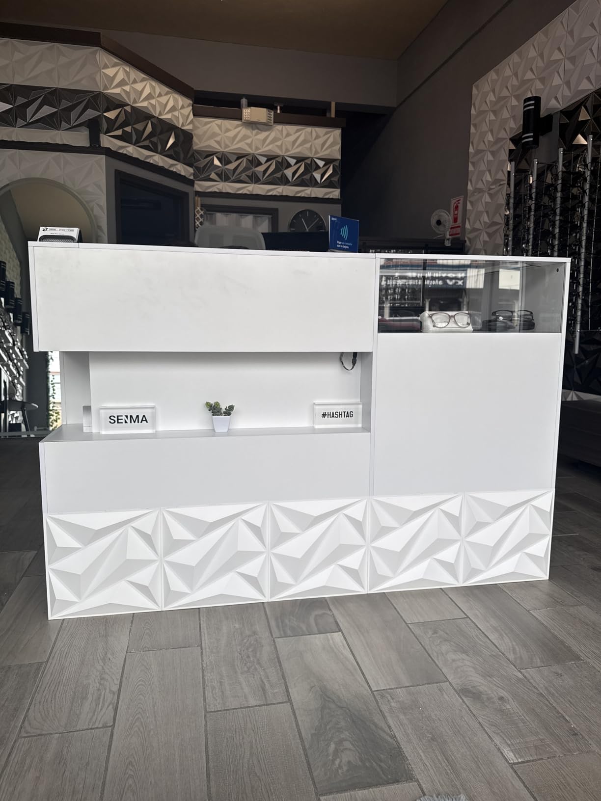Modern Reception Desk with LED Light and Open Shelves, Front Desk with Lockable Drawers & Keyboard Tray, Reception Counter Table with Storage for Checkout, Office, Lobby, Nail Salon Spa customer photo 2