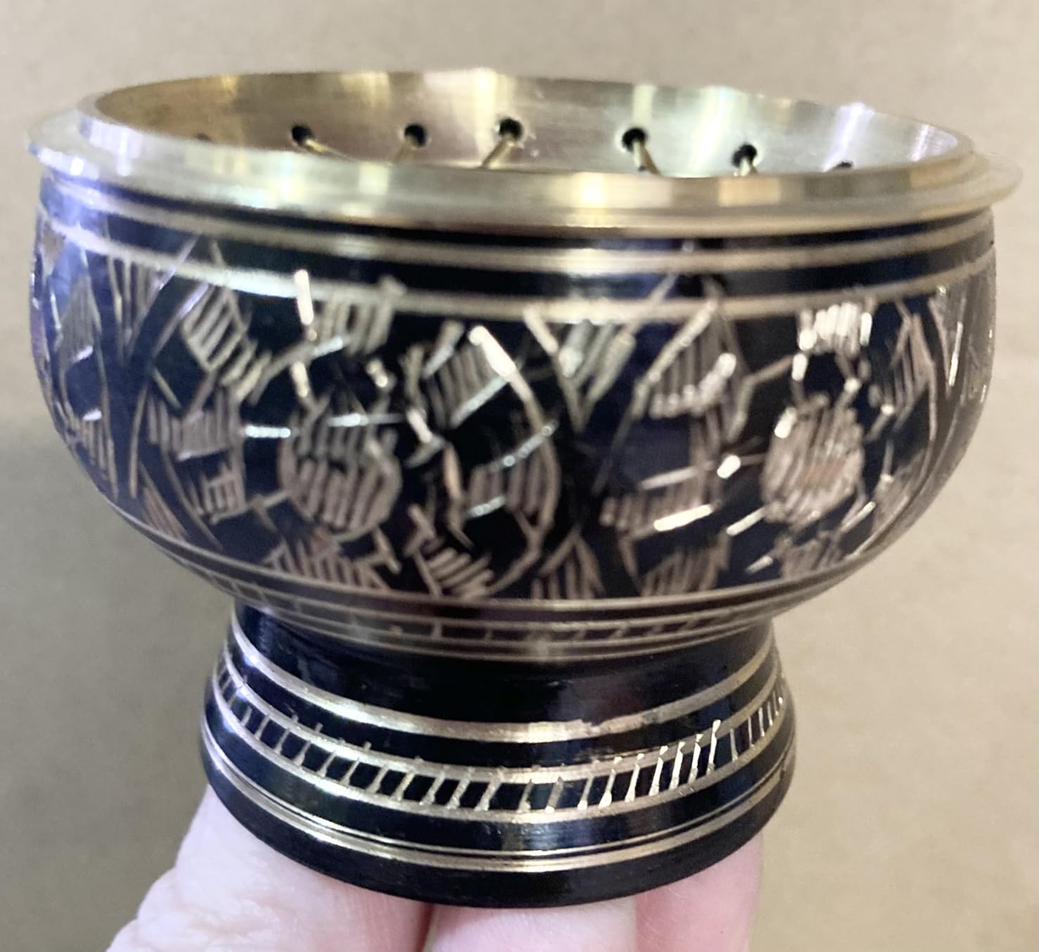 New Age Imports, Inc. India Small Decorated Brass Charcoal Screen Incense Burner with Wooden Coaster customer photo 1