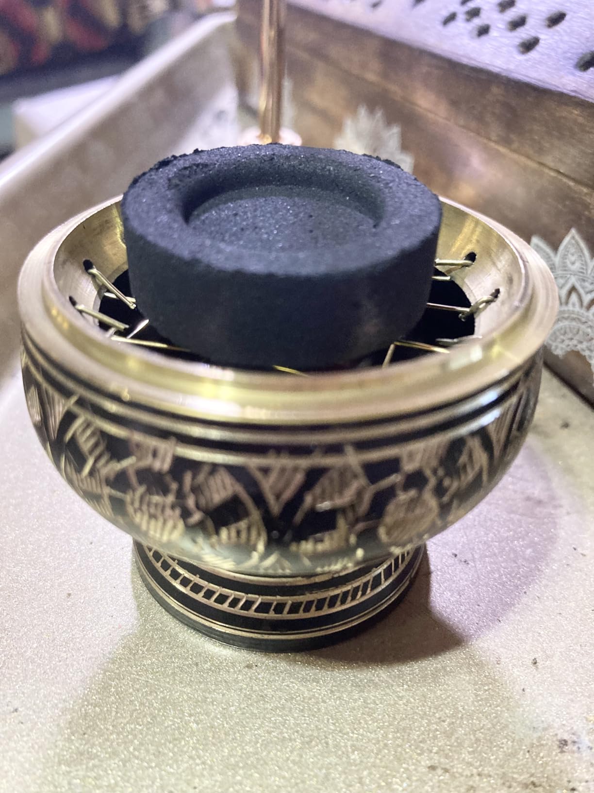 New Age Imports, Inc. India Small Decorated Brass Charcoal Screen Incense Burner with Wooden Coaster customer photo 2