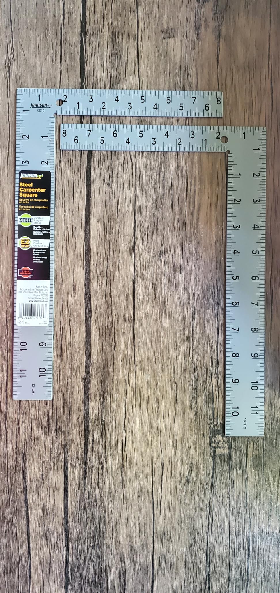 Johnson Level & Tool CS10 Professional Easy-Read Steel Carpenter Square, 8