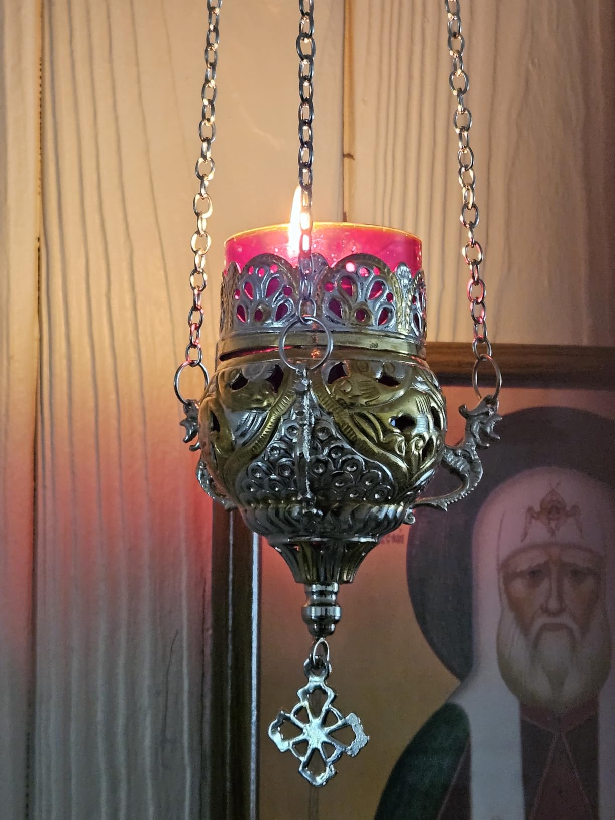 Orthodox Greek Christian Bronze Hanging Votive Vigil Oil Lamp with Chain and Red Glass - 9503gn customer photo 1