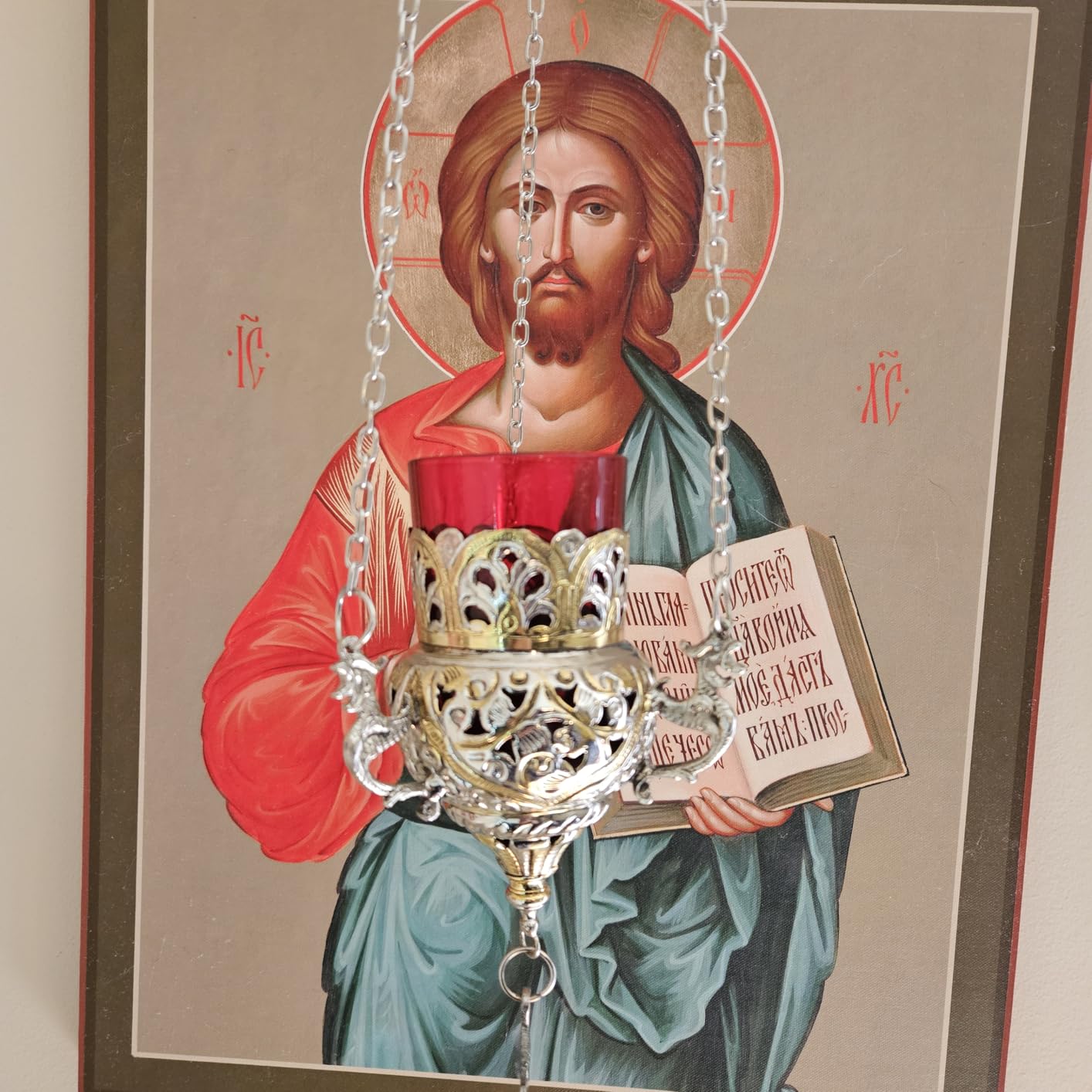 Orthodox Greek Christian Bronze Hanging Votive Vigil Oil Lamp with Chain and Red Glass - 9503gn customer photo 2