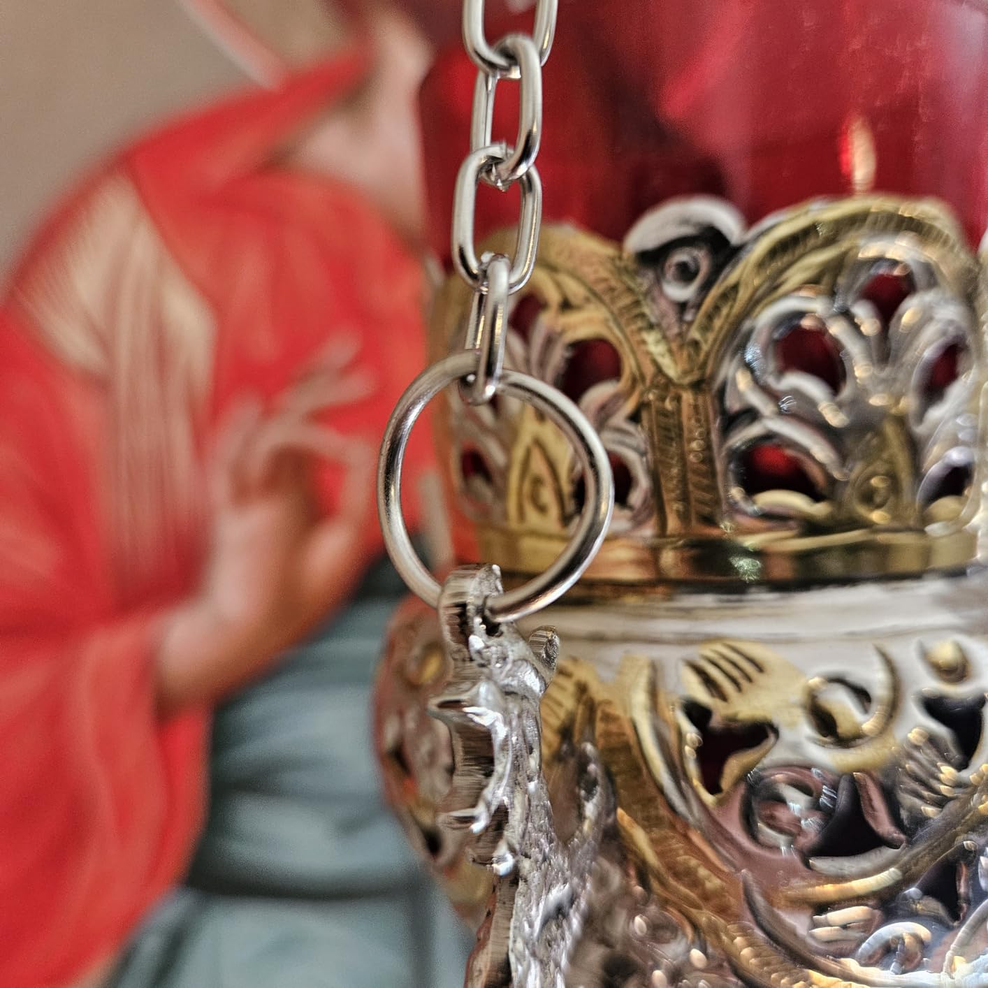 Orthodox Greek Christian Bronze Hanging Votive Vigil Oil Lamp with Chain and Red Glass - 9503gn customer photo 3