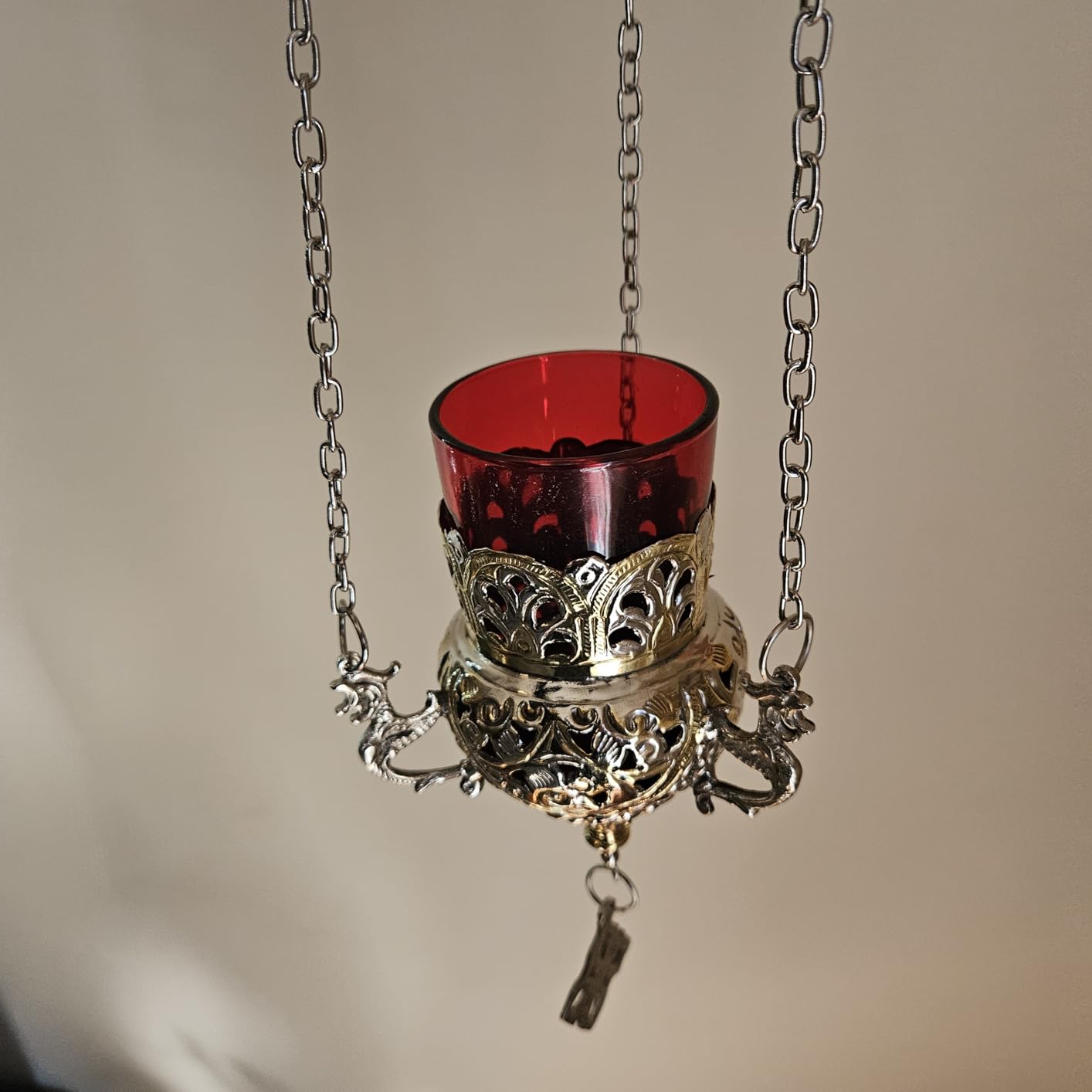 Orthodox Greek Christian Bronze Hanging Votive Vigil Oil Lamp with Chain and Red Glass - 9503gn customer photo 4