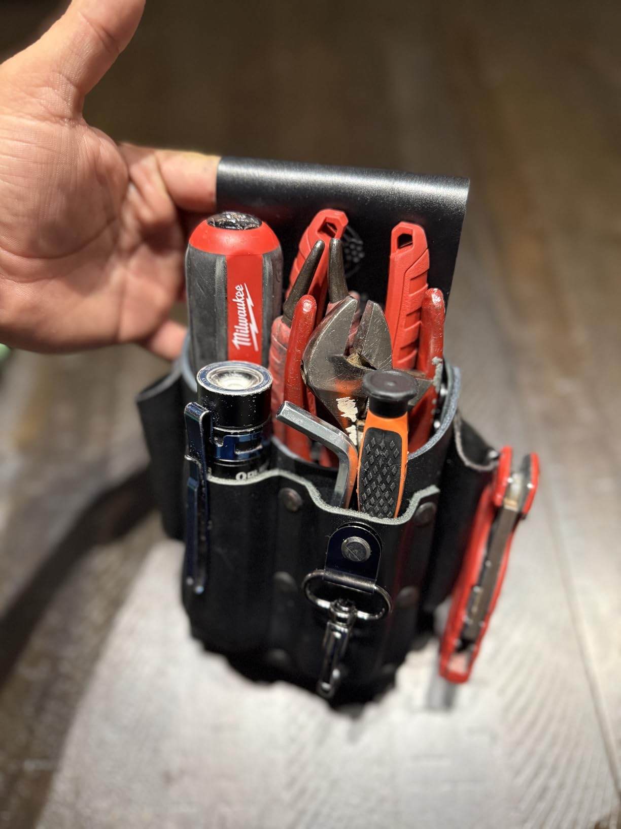 Southwire POUCH4 Leather Tool Pouch; 5 Pocket Pouch with Electrical Tape Chain; Fade Resistant; Durable Compartments; Washer Rivets; Includes Metal Tool Clip; Dark Brown customer photo 2