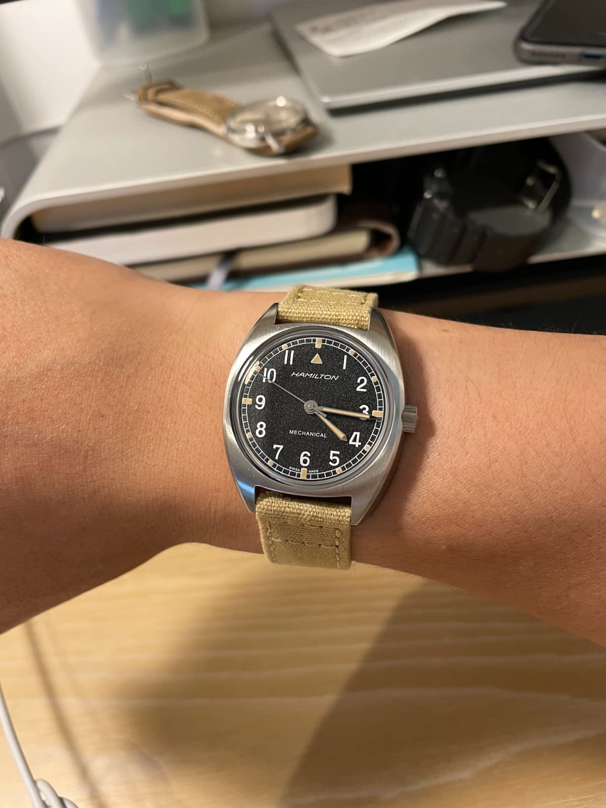 Khaki Aviation Pilot Mechanical Men's Watch, 36mm x 33mm Stainless Steel Case, Swiss Made, Black Dial Analog Wrist Watch for Men, 100m Waterproof, Mineral Crystal, Textile Strap customer photo 1