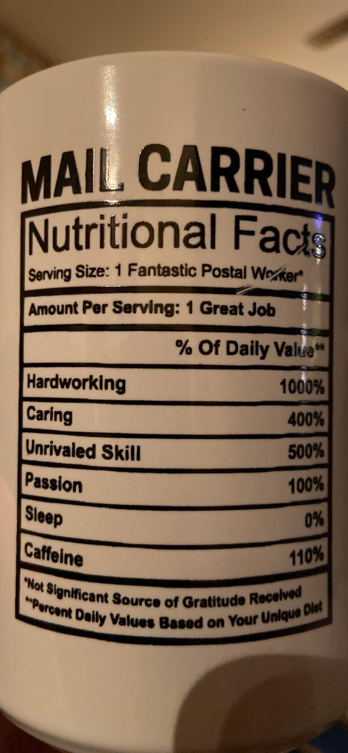 Artisan Owl Large 15 oz Ceramic Mail Carrier Mug - Funny Gift for Postal Workers, Delivery Drivers, Couriers with Unique Nutritional Facts Design customer photo 1