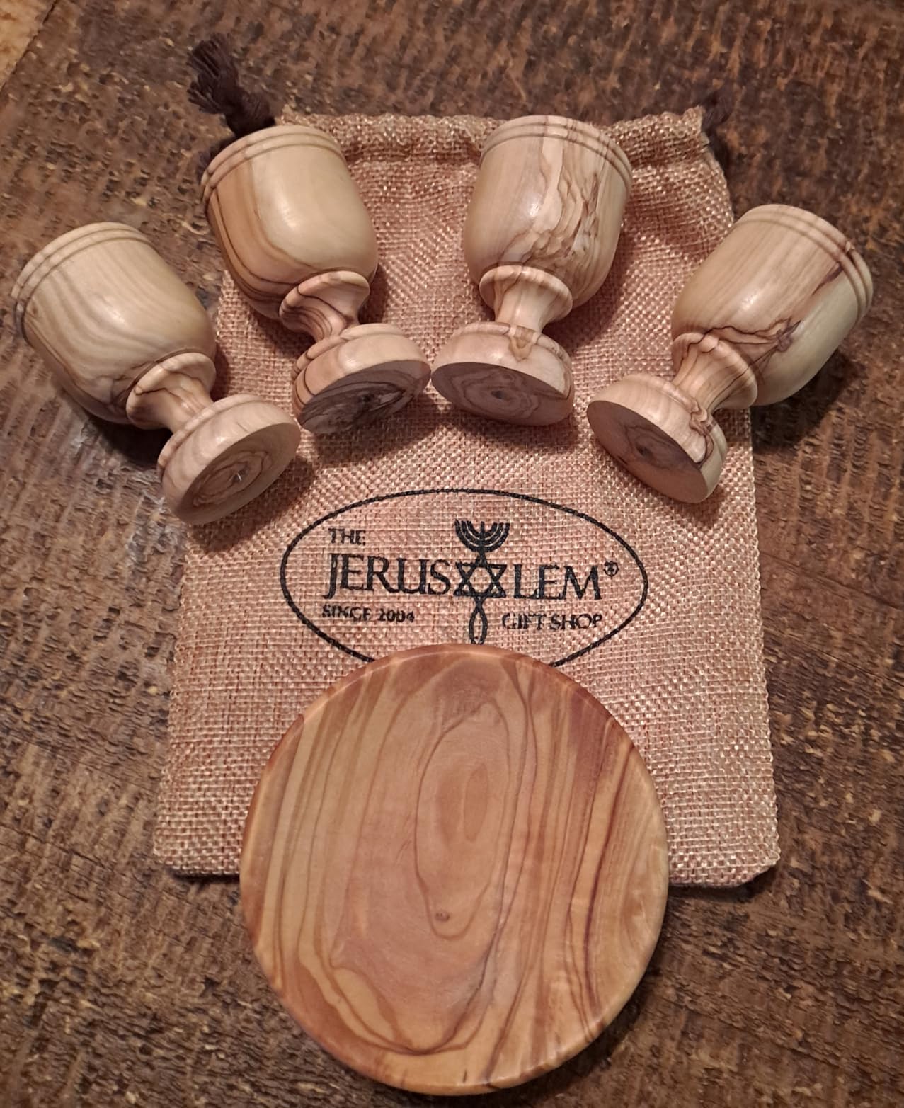 Genuine Olive Wood Communion Set from the Holy Land - 2 Hand-Carved Cups and Engraved Tray 