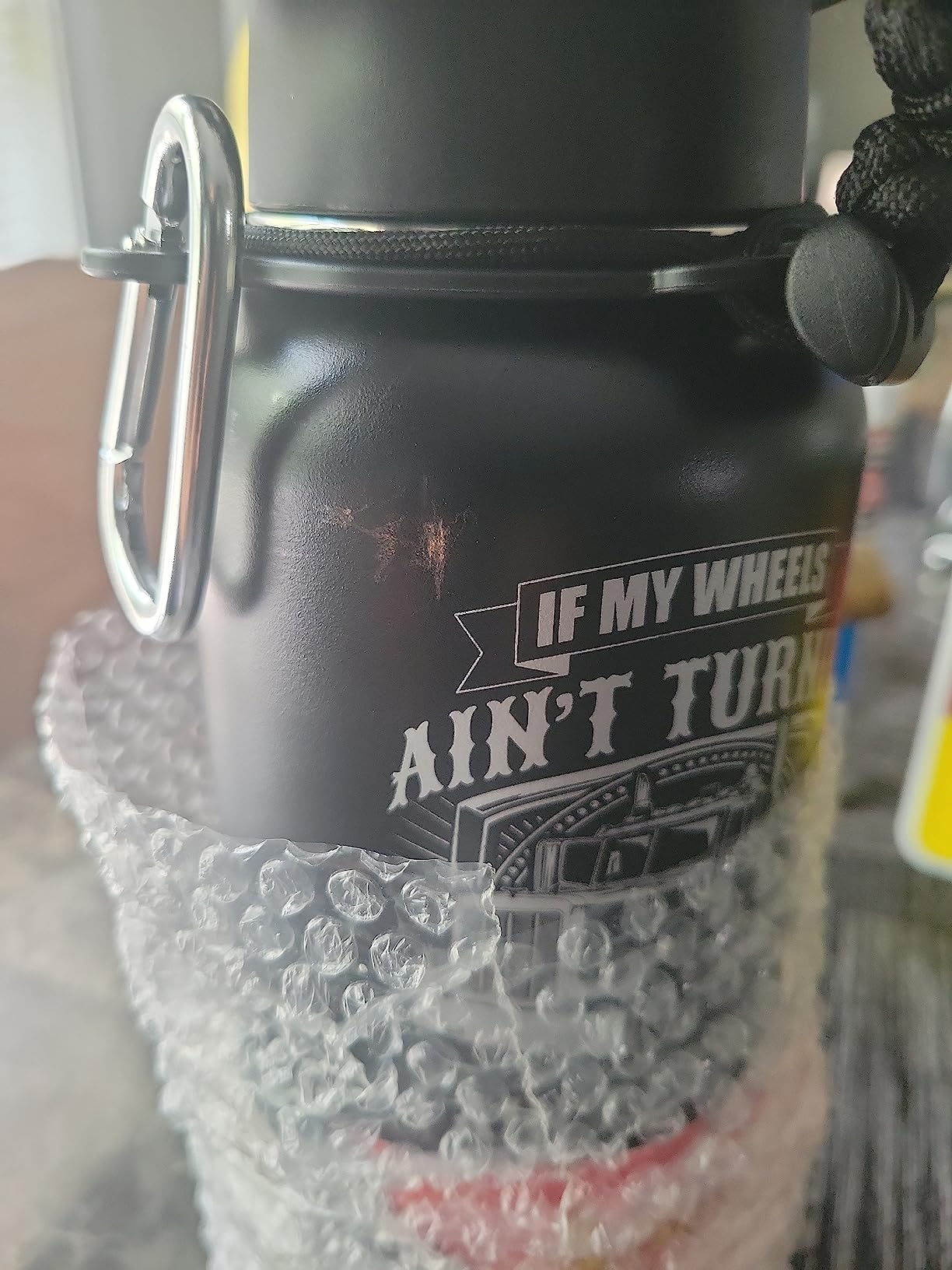Bad Bananas Trucker Gifts for Men 32oz Rugged Tumbler with Paracord Carabiner Stainless Steel Wheels Ain t Turnin customer photo 1