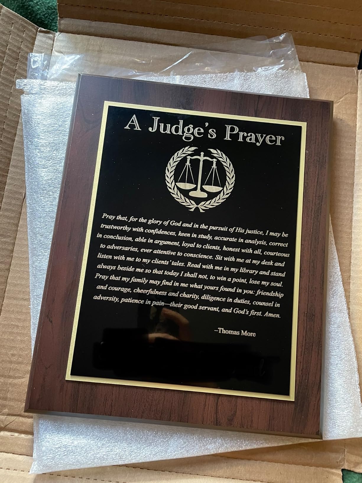 Customizable Lawyer's Prayer Plaque - Thank or Congratulate An Attorney or Celebrate a Law Student's Accomplishments - Include Their Name or Special Message (Cherry Wood w/Black and Gold Metal) customer photo 1