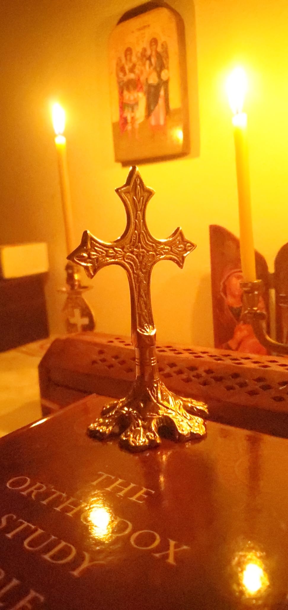 BlessedMart Ornate Brass Standing Cross - Table Altar Blessing Crucifix, Church Liturgical, Home Altar, Prayer Corner, Height 5.11 inch customer photo 1