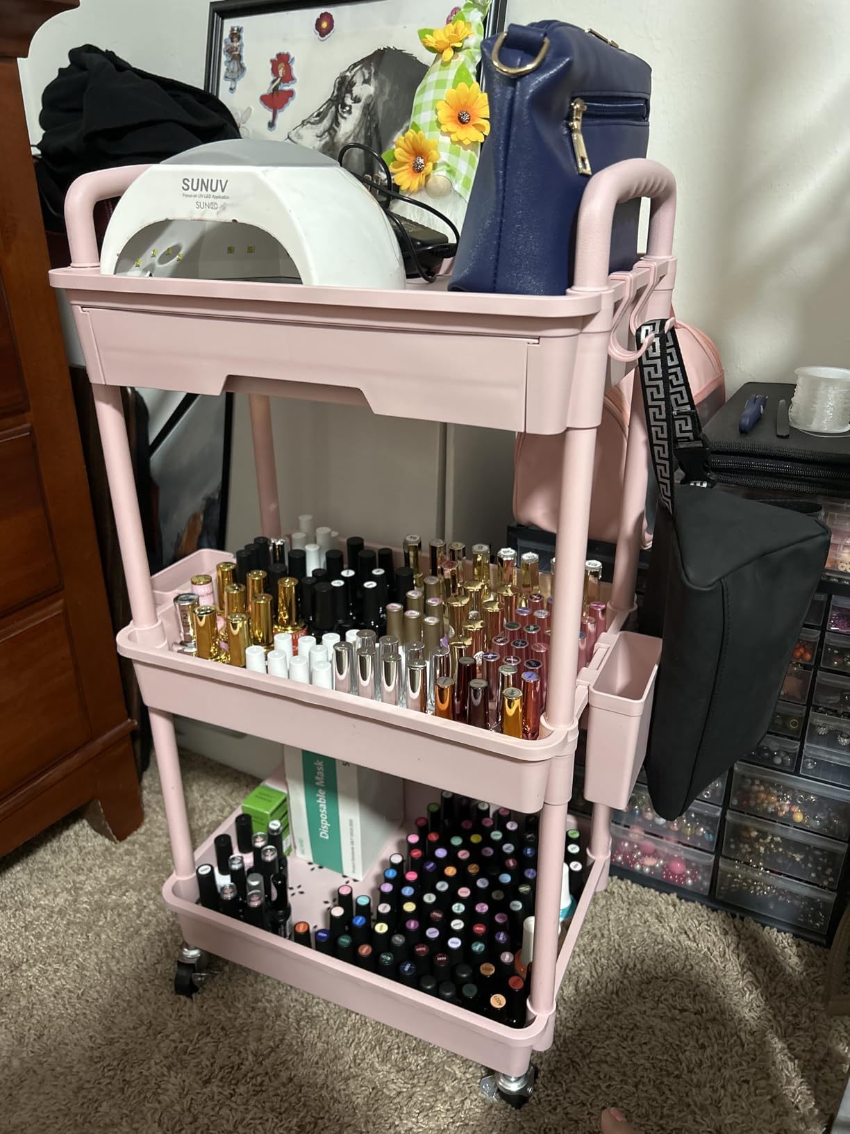 3 Tier Rolling Utility Cart with Drawer, REBECAT Utility Cart Made of Multifunctional Storage Organizer Tool for Kitchen, Bathroom, Living Room, Office (Black) customer photo 2