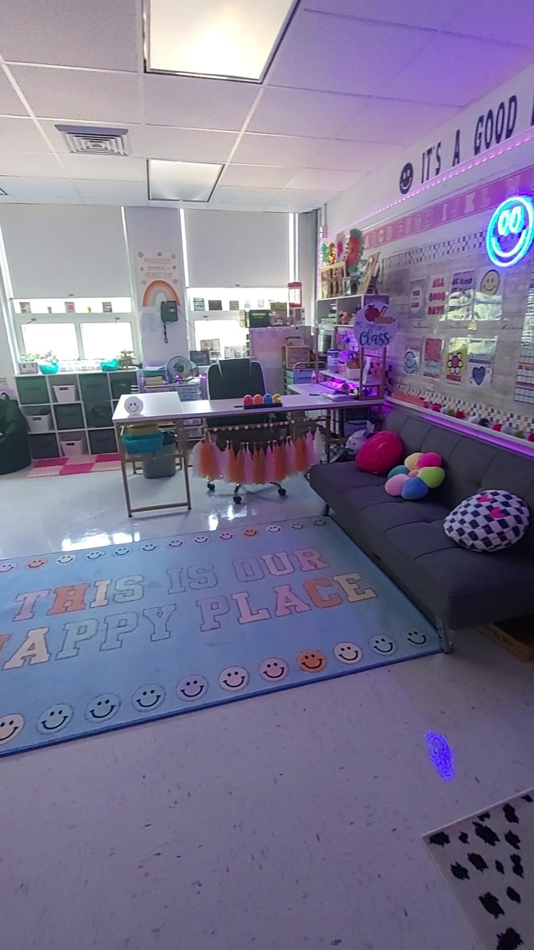 Flagship Carpets This is Our Happy Place on Blue Educational Area Rug for Kids Room Seating Decor, Children's Classroom, Play Carpet for Teaching and Playroom, 5' x 7'6