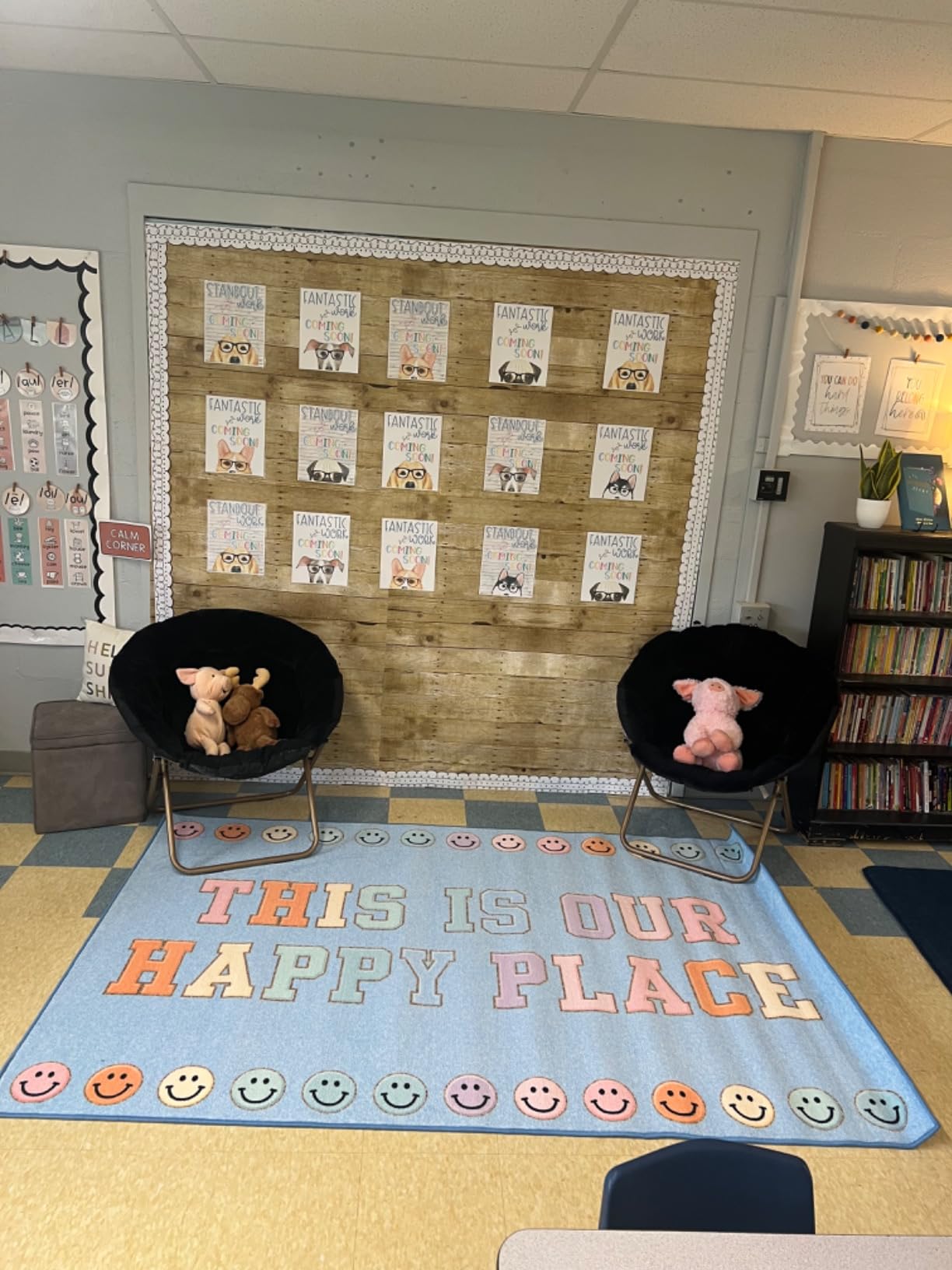 Flagship Carpets This is Our Happy Place on Blue Educational Area Rug for Kids Room Seating Decor, Children's Classroom, Play Carpet for Teaching and Playroom, 5' x 7'6