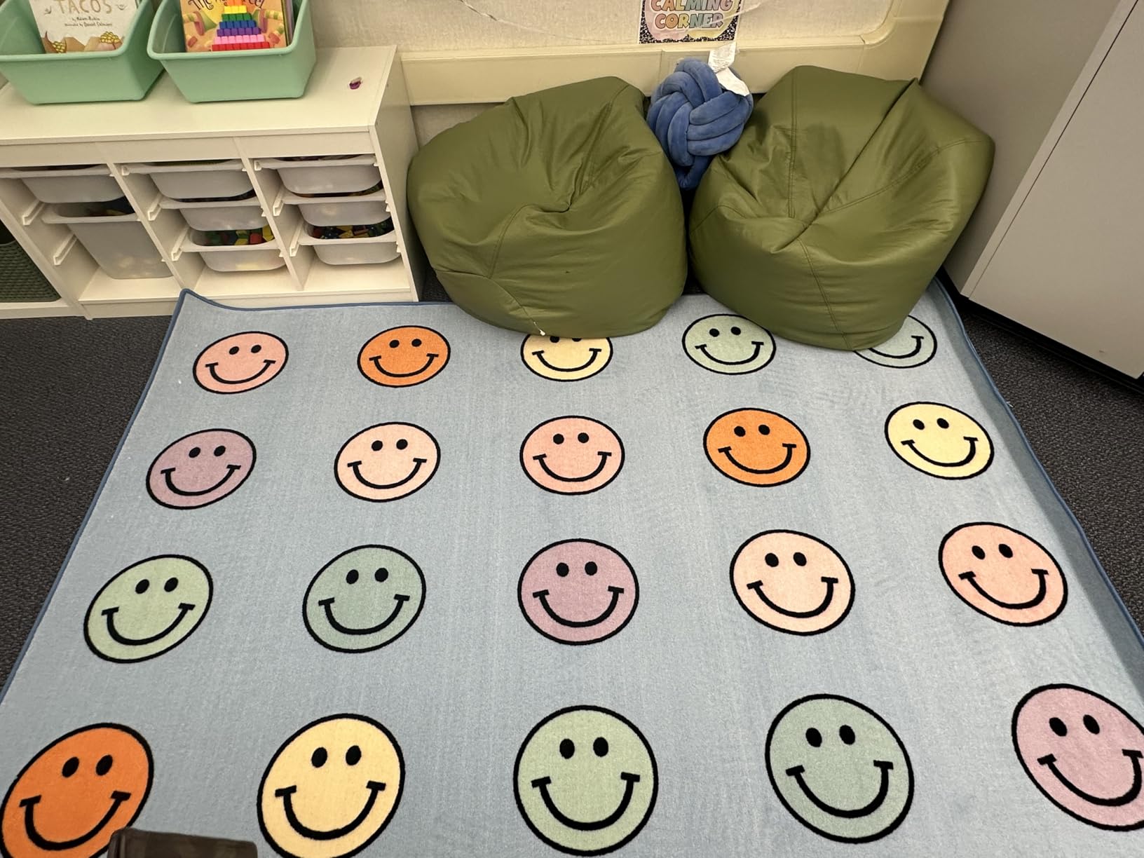 Flagship Carpets Pastel Rainbow Smileys Criss-Cross Applesauce Educational Area Rug for Kids Room, Children's Classroom for Teaching and Playroom, 5' x 7'6