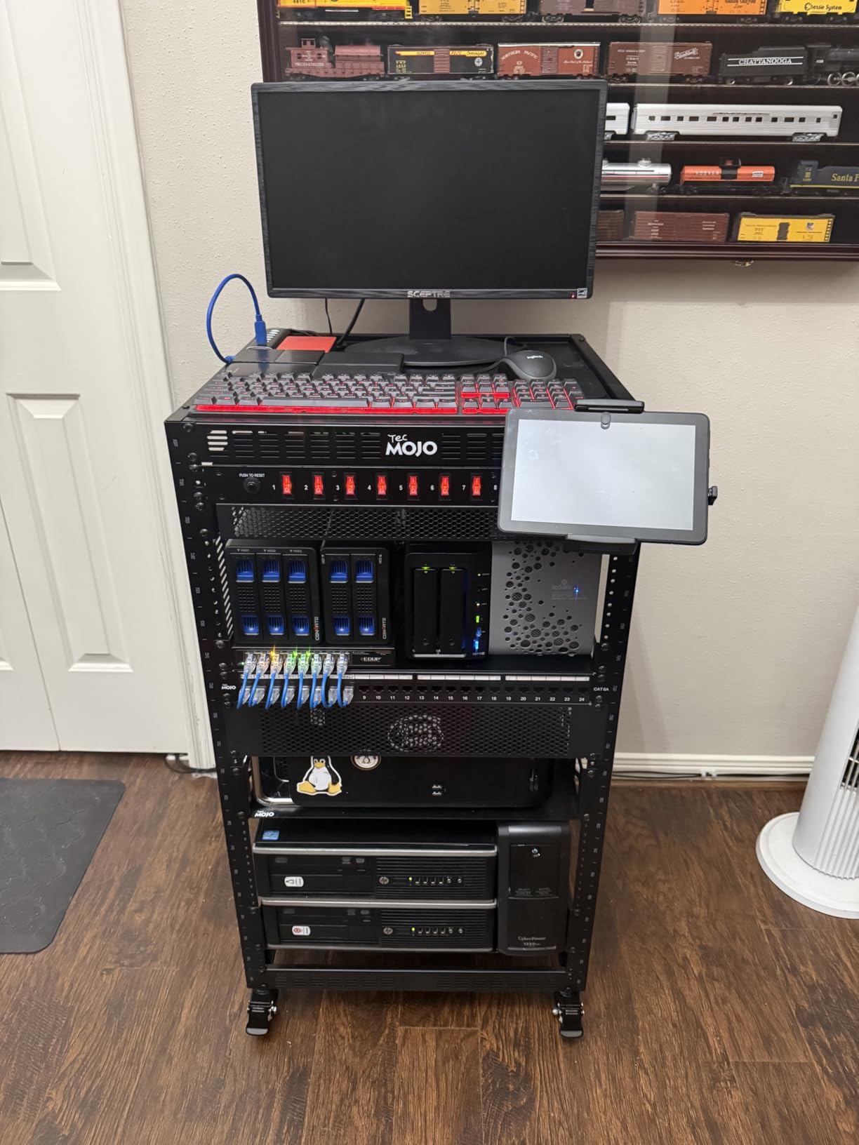 TECMOJO 12U Open Frame Network Rack for IT & AV Gear, 4-Post With Casters, Mobile With 2 PCS 1U Server Shelf & Mounting Hardware, for 19