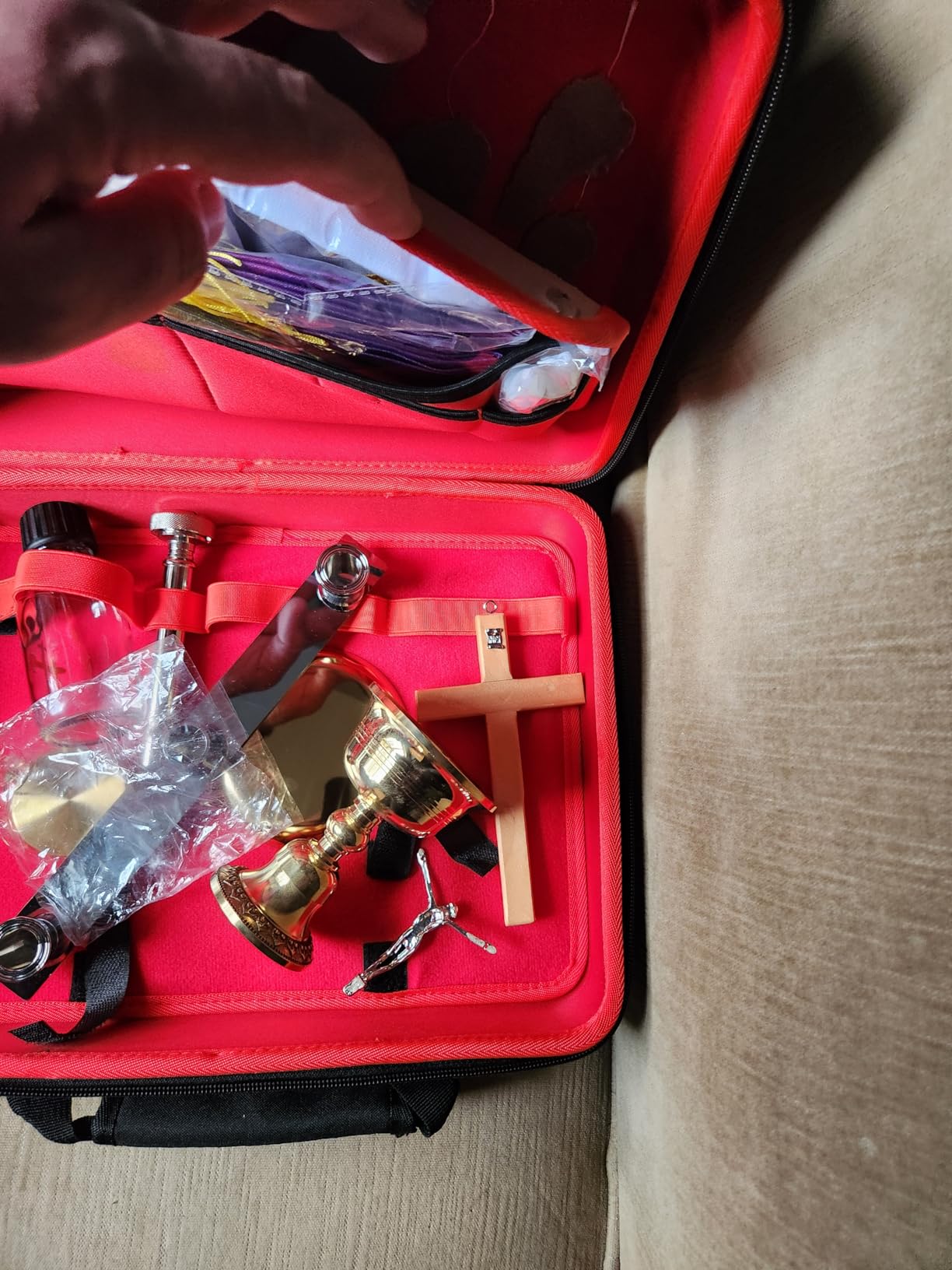 Catholic Travel Mass Kit-Chalice,PYX,Paten,Crucifix,Candles with Holder,Clergy Stole,Linens,Holy Water Sprinkler and Bottles with Case customer photo 1