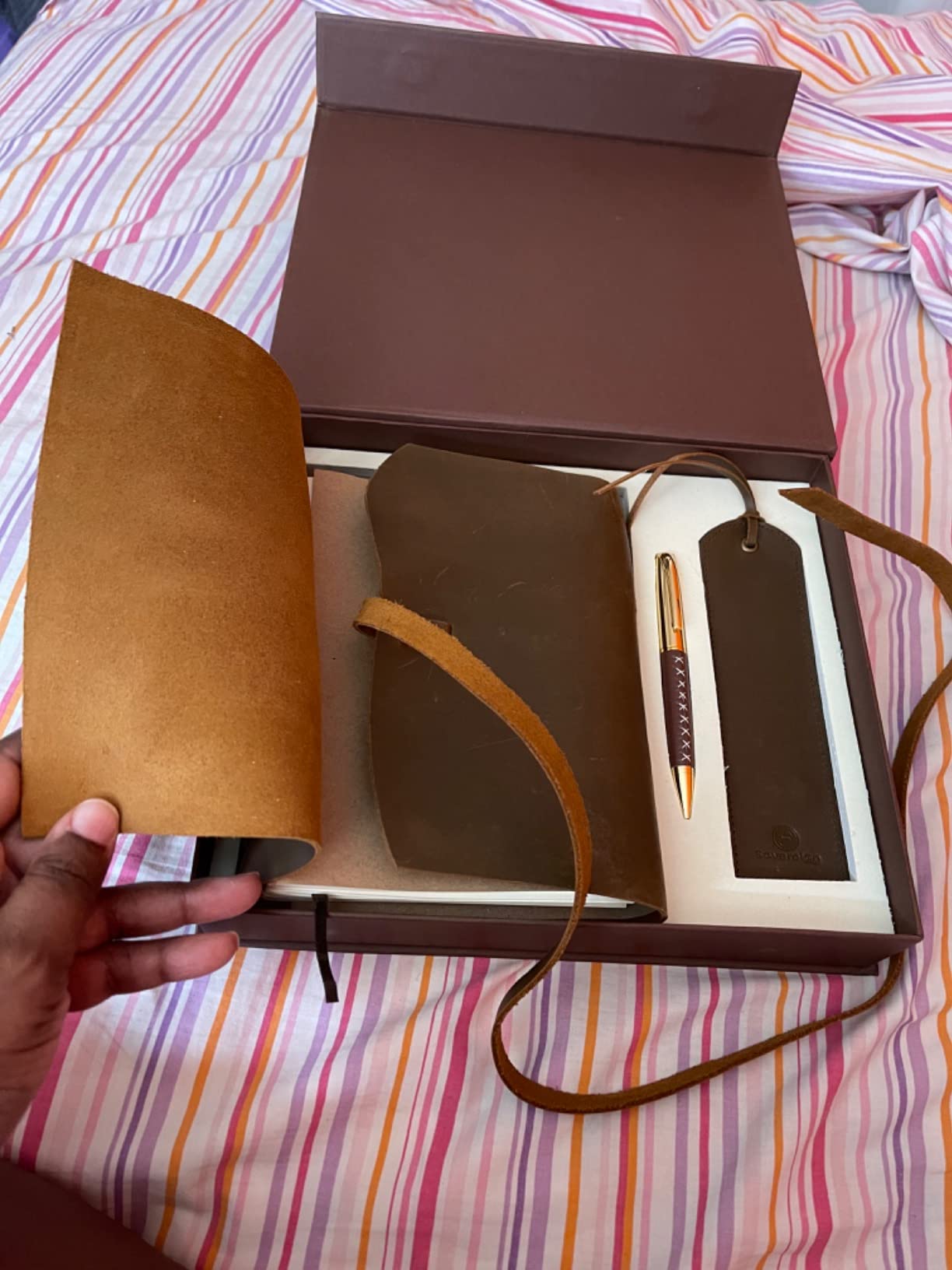 Sovereign-Gear Leather Journal Gift Set - Embossed Music Notes Design - Handmade Buffalo Leather Notebook with Pen & Bookmark - Vintage 8x6