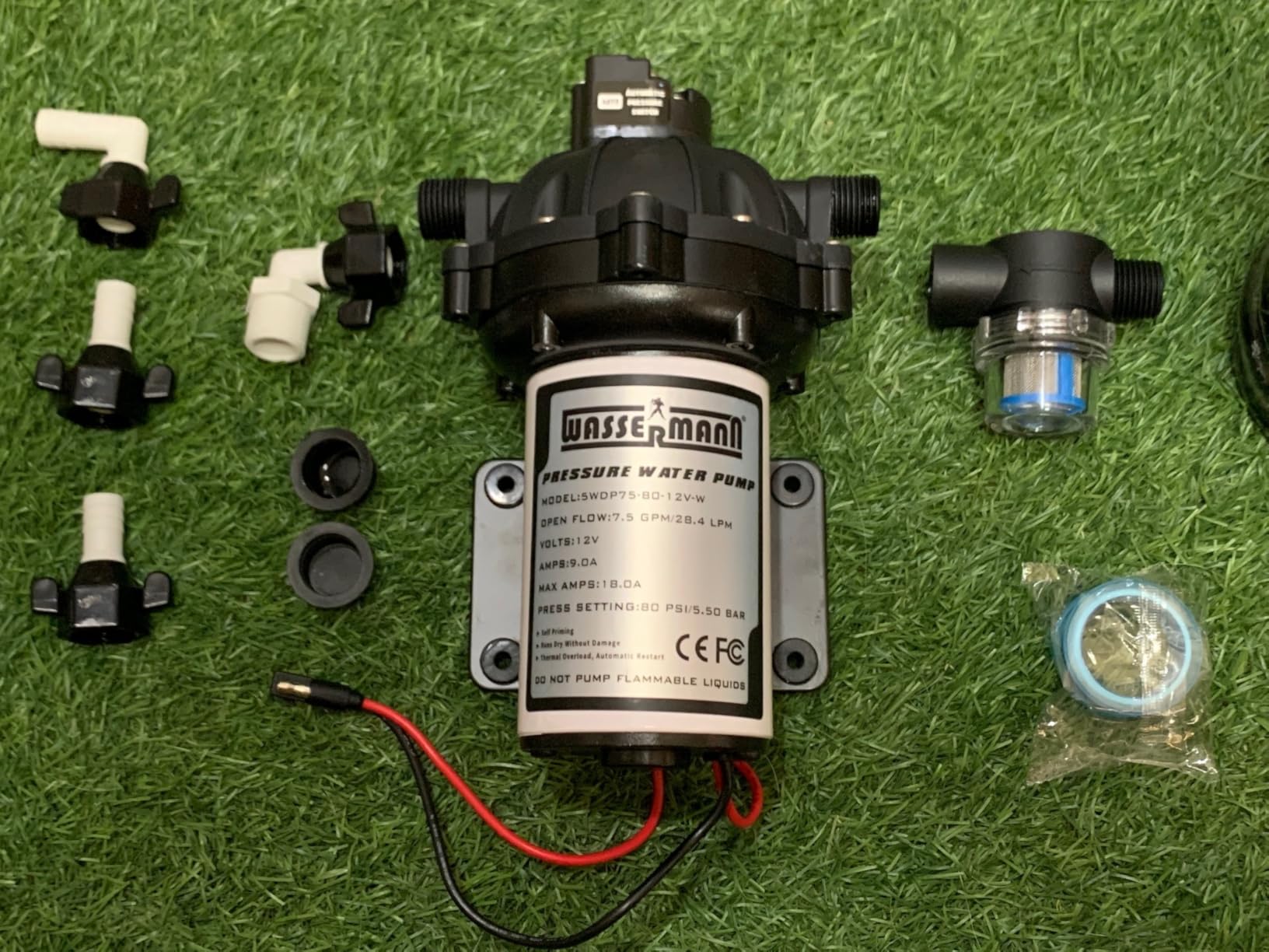 WASSERMANN 12V DC Washdown Pump Kit, 7.5GPM 80PSI, 5-Chamber Self-Priming Diaphragm Pump with Pressure Switch, Coiled Hose, Spray Nozzle for Boat Marine Yacht Freshwater Garden RV customer photo 1