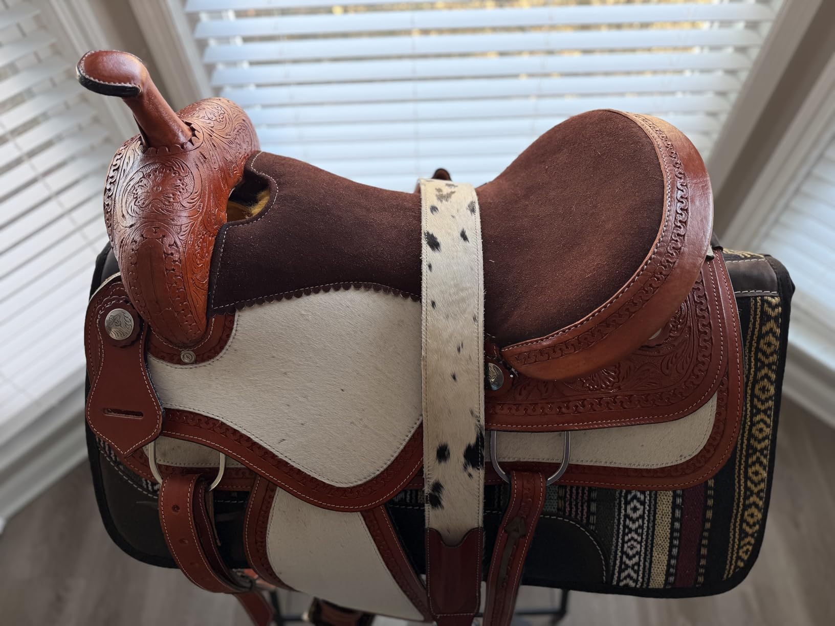 Western Barrel Saddle Set Brown Hand Tooled Leather Hair On Cowhide Horse Saddle with Headstall, Breast Collar & Reins for Rodeo, Trail & Pleasure Riding (8-17 Inch) customer photo 1
