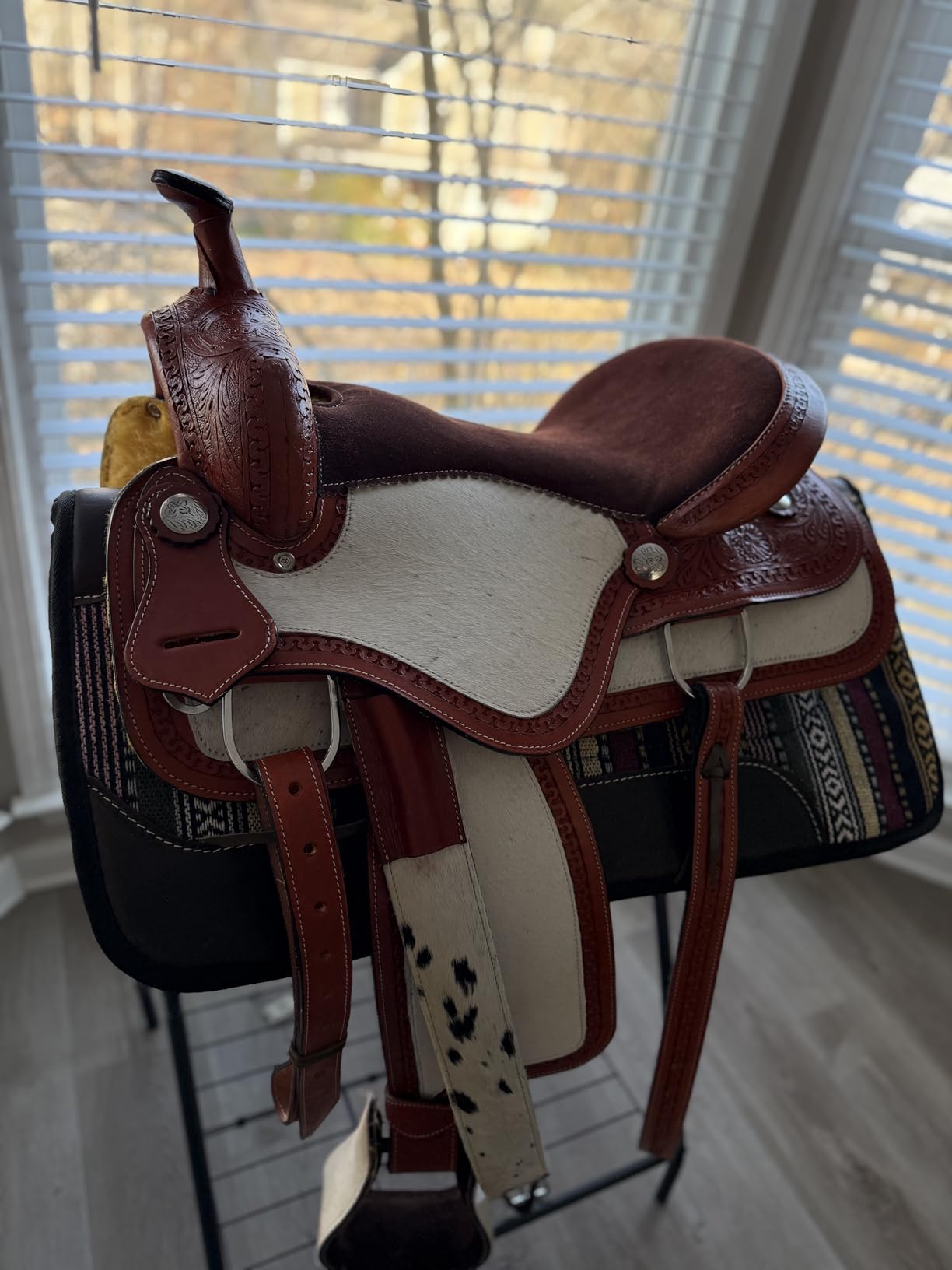 Western Barrel Saddle Set Brown Hand Tooled Leather Hair On Cowhide Horse Saddle with Headstall, Breast Collar & Reins for Rodeo, Trail & Pleasure Riding (8-17 Inch) customer photo 2