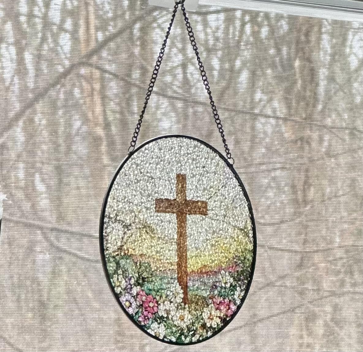 8 Inch Stained Glass Cross and Wildflowers Suncatcher Christian Stained Glass Windows Hanging Flower Cross Gift for Religious Easter Faith Christian Gifts Religious Home Decor customer photo 1