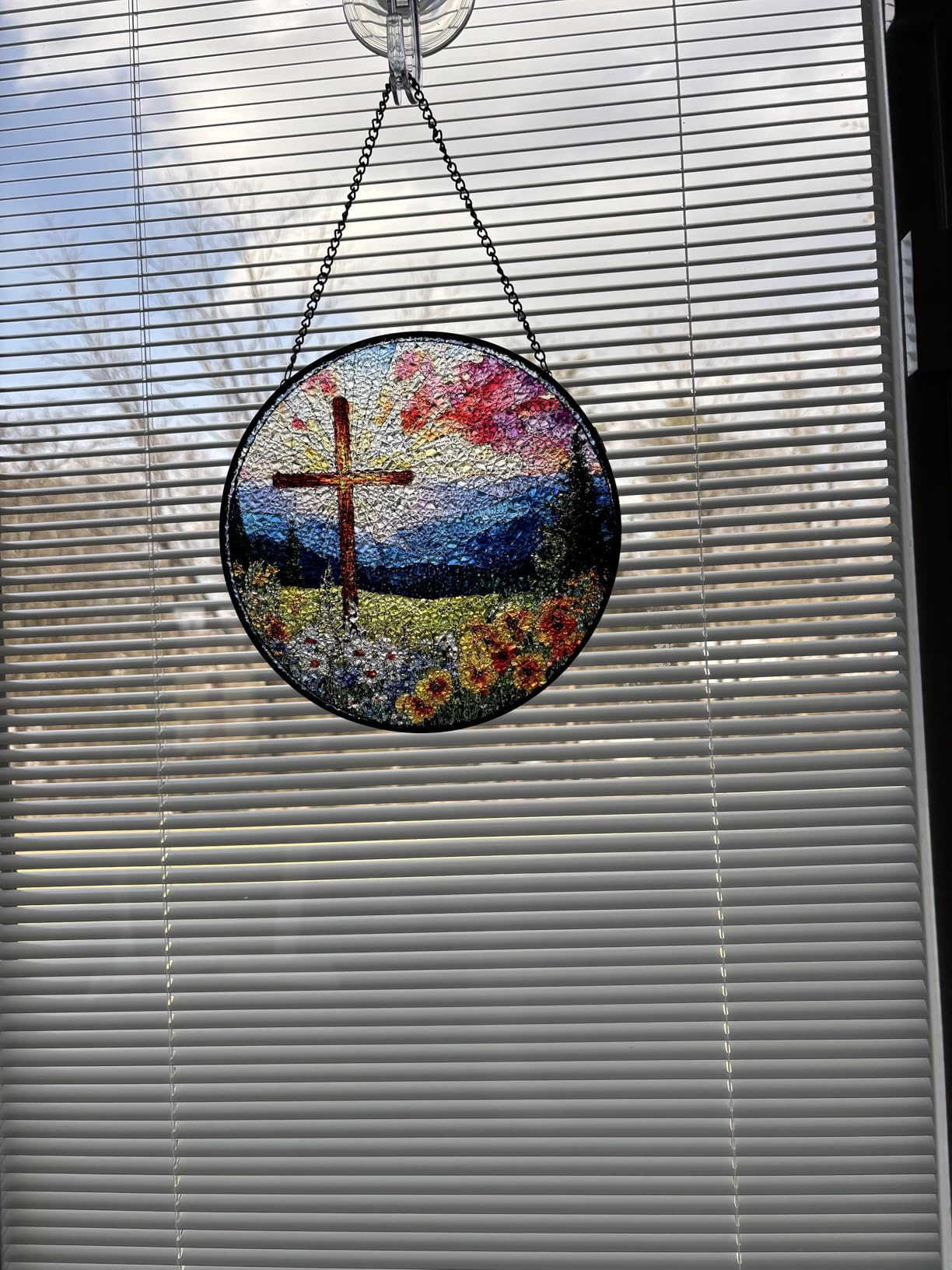 8 Inch Stained Glass Cross and Wildflowers Suncatcher Christian Stained Glass Windows Hanging Flower Cross Gift for Religious Easter Faith Christian Gifts Religious Home Decor customer photo 2