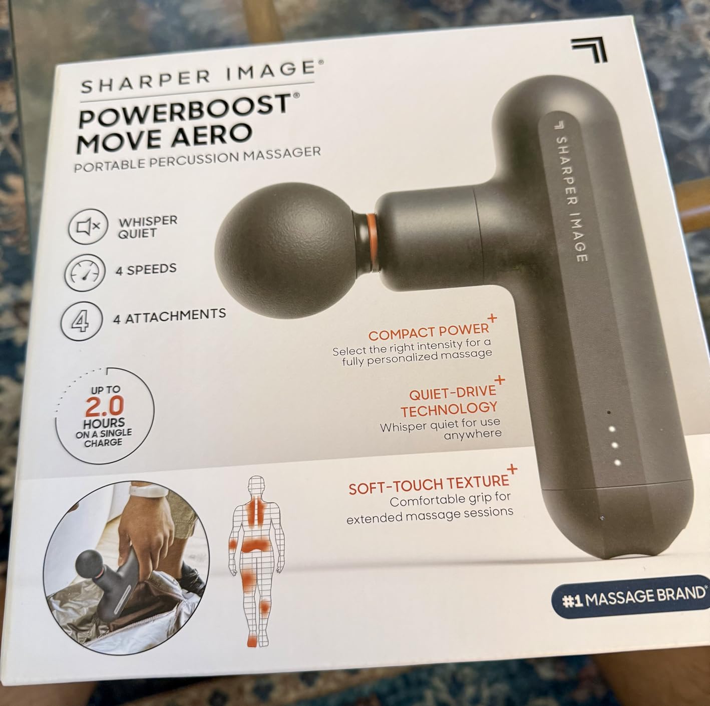 Sharper Image Deep Tissue Percussion Massage Gun, Powerboost Move Evo Hot & Cold Rechargeable Handheld Massager, 4 Adjustable Speeds, 5 Attachment Heads & Carrying Case, for Muscle Pain Relief, Blue customer photo 2
