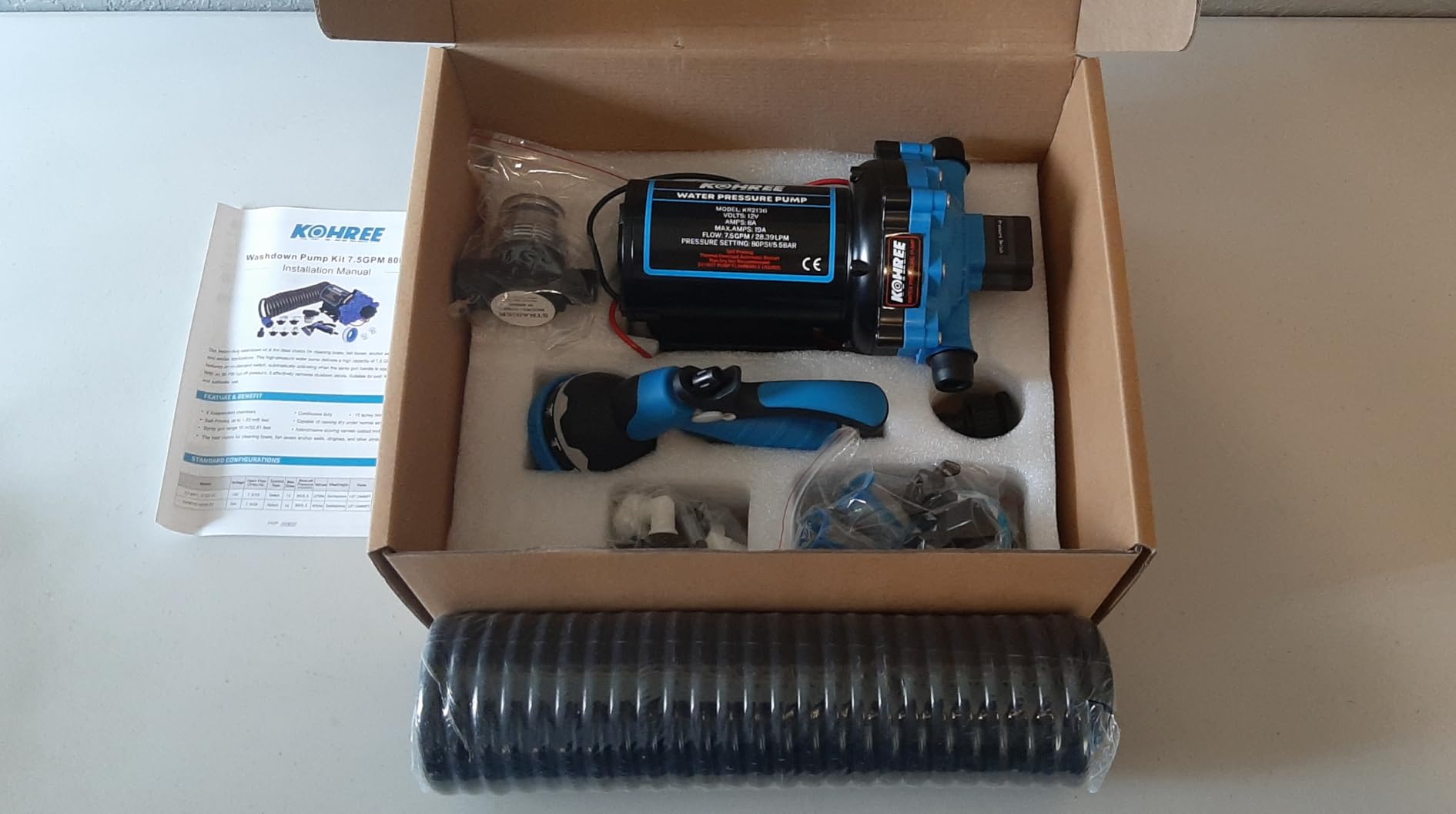 Kohree 12V DC Washdown Pump Kit - 7.5GPM 80PSI, Self-Priming 5-Chamber Diaphragm Water Pump with Pressure Switch, Spray Nozzle, High Flow for RV, Boat, Marine, Yacht, Freshwater and Saltwater customer photo 1