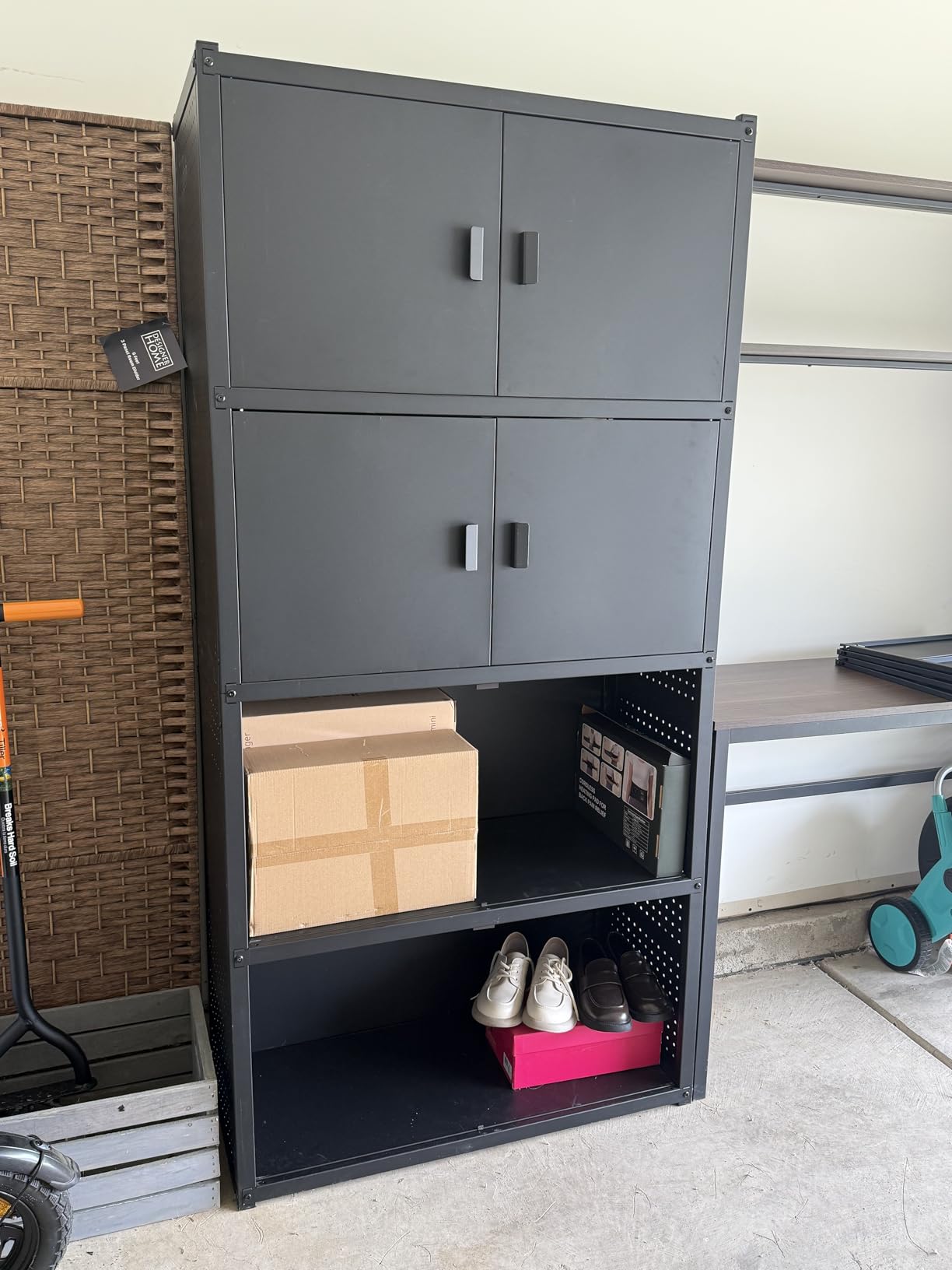 FLEXIMOUNTS Garage Storage Cabinet System, 3-in-1 Modular Metal Tool Cabinet w/ Workbench and Particle Board Shelf Includes Pegboard, 24-Gauge Steel, 129