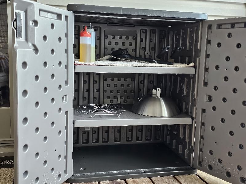 Suncast Base Storage Cabinet for Garage Organization - 9 Cu. Ft. Lockable 2-Shelf Organizer for Garden Supplies, Paint Cans & Outdoor Tools, Multi-Wall Resin Construction, Platinum customer photo 2