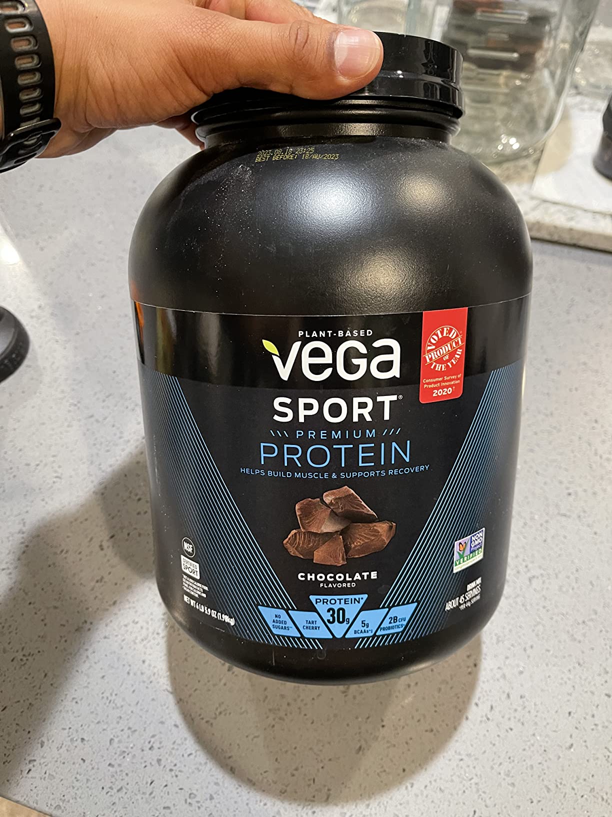 Vega Protein + Recovery, Chocolate - 30g Vegan Protein, Dairy & Gluten Free, Probiotics, NSF Certified, 28.8 oz (19 Servings) customer photo 1
