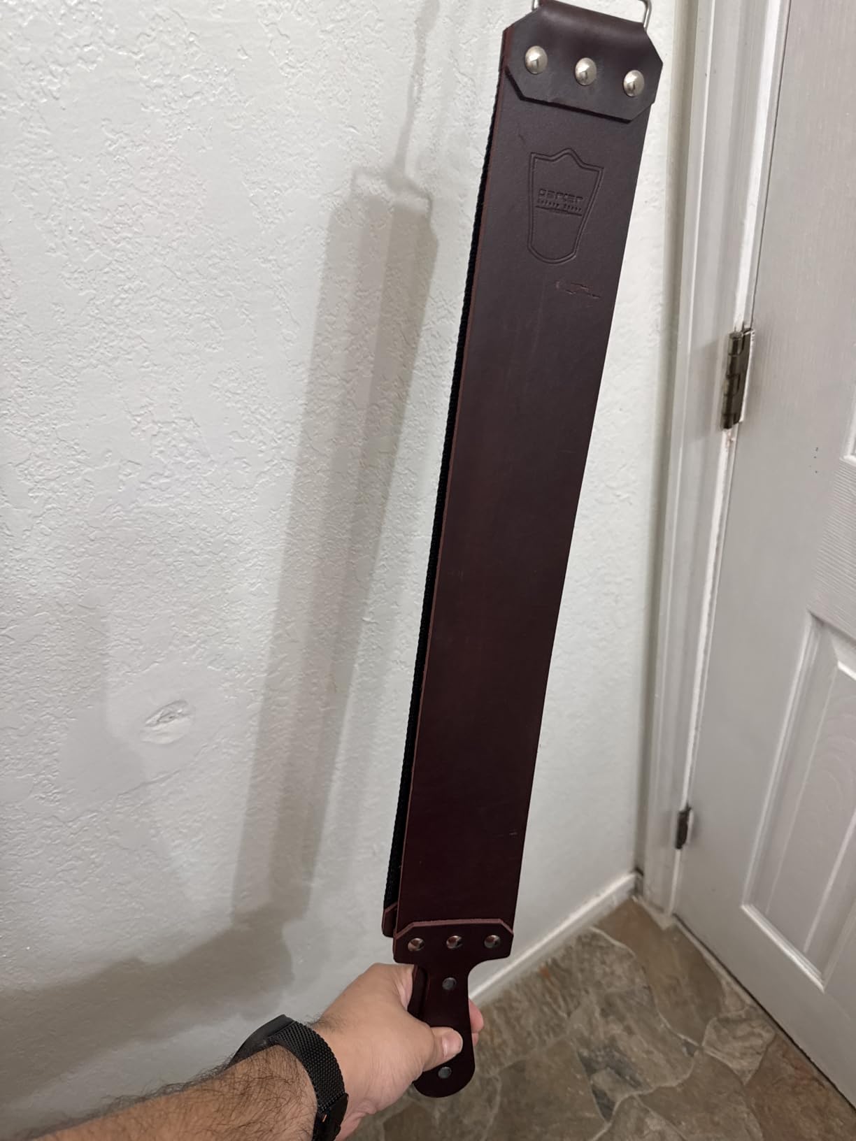 Parker Handmade Latigo Leather Strop for Straight Razor & Knife Sharpening - USA Made, Paddle Handle w/Brass Chicago Screws, Twin Canvas & Leather Straps (3