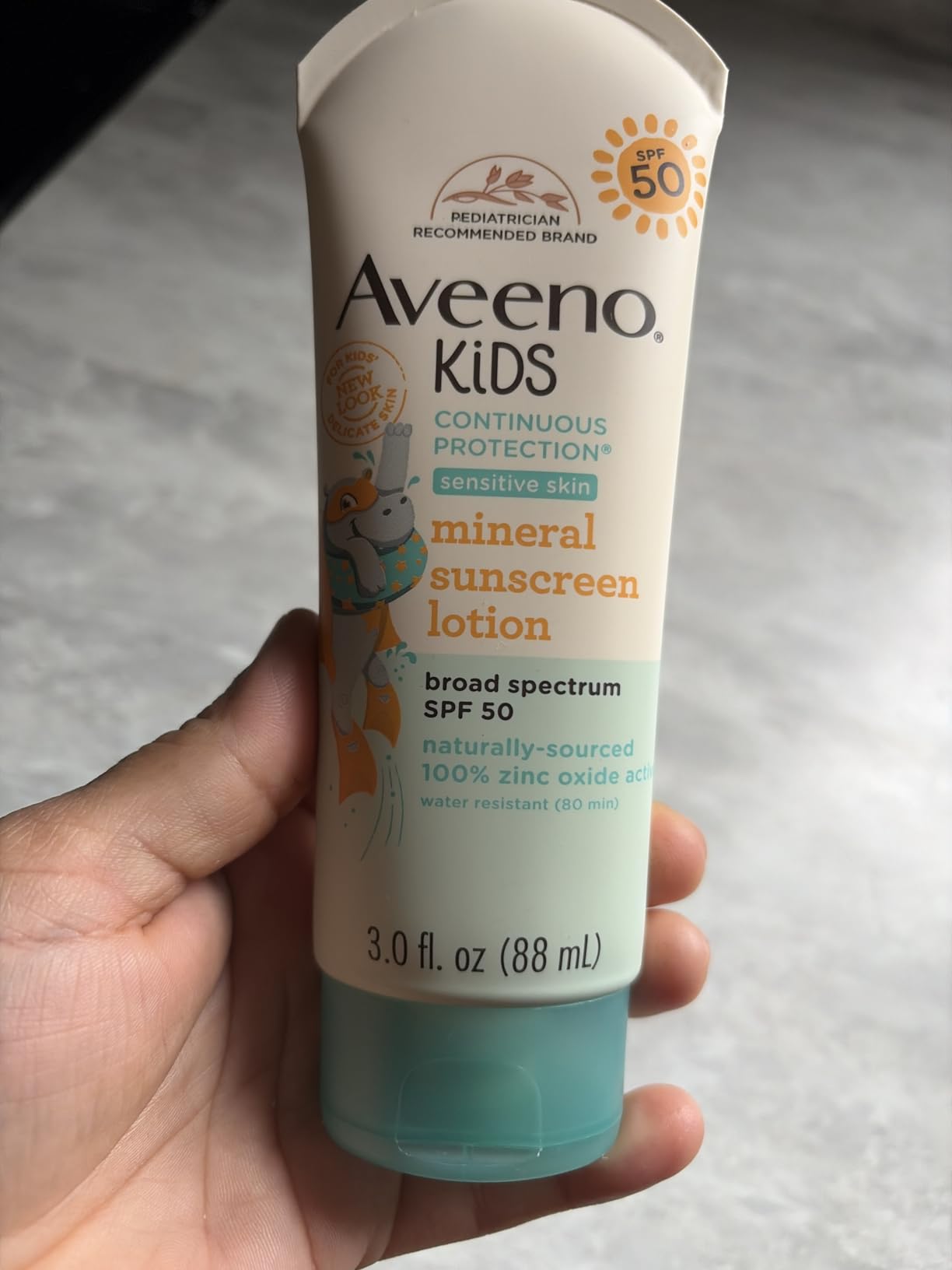 Aveeno Kids Continuous Protection Zinc Oxide Broad Spectrum Sunscreen Lotion for Kids Sensitive Skin, SPF 50, Tear- and Sweat-Free, Water-Resistant, 3 Fl Oz customer photo 2