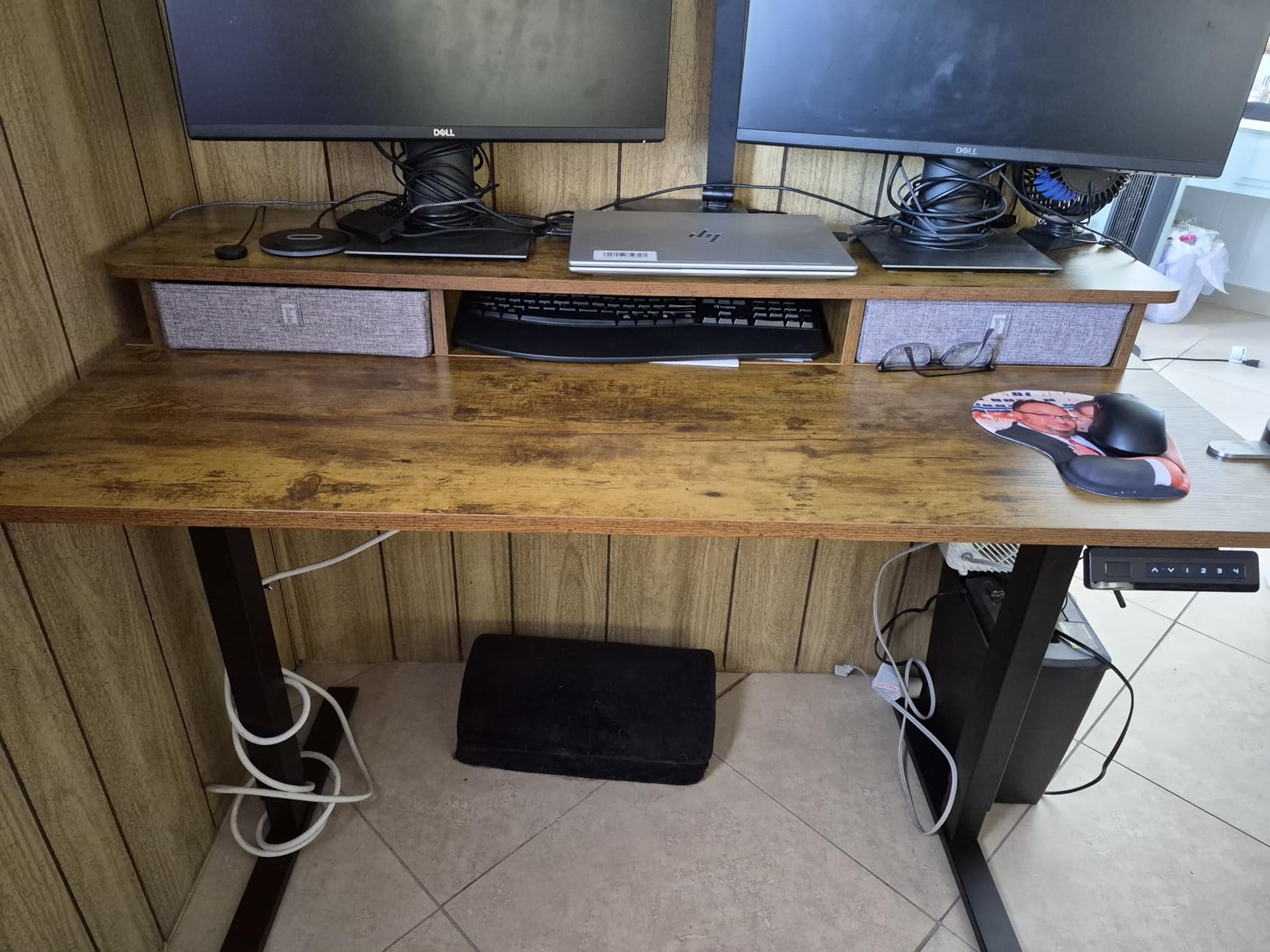 FEZIBO 48 x 24 Inch Height Adjustable Electric Standing Desk with Double Drawer, Stand Up Table with Storage Shelf, Sit Stand Desk, Rustic Brown customer photo 1
