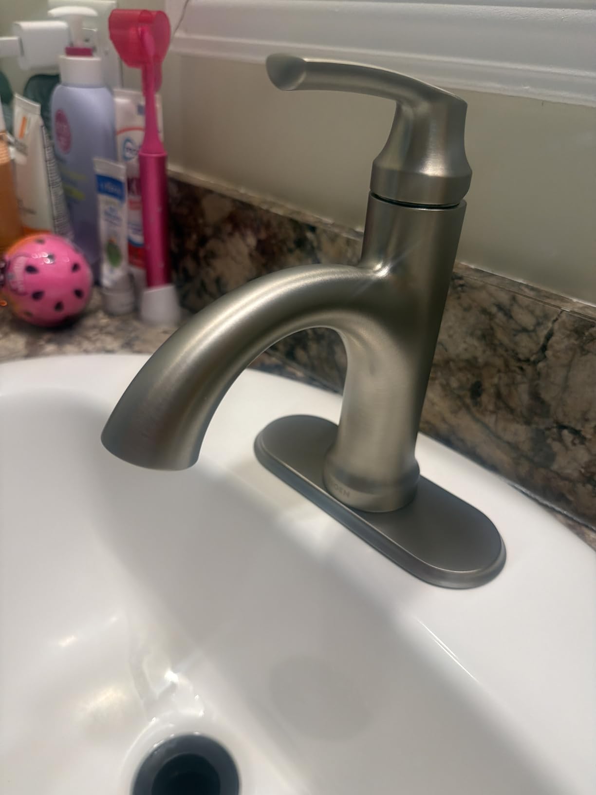 Moen Wellton Spot Resist Brushed Nickel One Hole Single-Handle Bathroom Faucet with Optional Deck Plate and Drain Assembly, 84980SRN customer photo 1