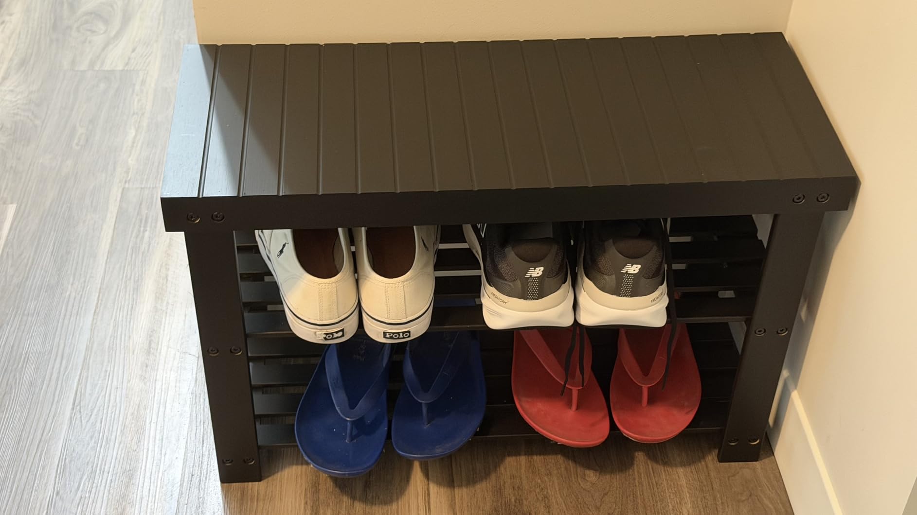 SONGMICS Shoe Rack Bench, 3-Tier Bamboo Shoe Storage Organizer, Entryway Bench, Holds Up to 286 lb, 11.3 x 27.6 x 17.8 Inches, for Entryway Bathroom Bedroom, Cloud White ULBS004W01 customer photo 2