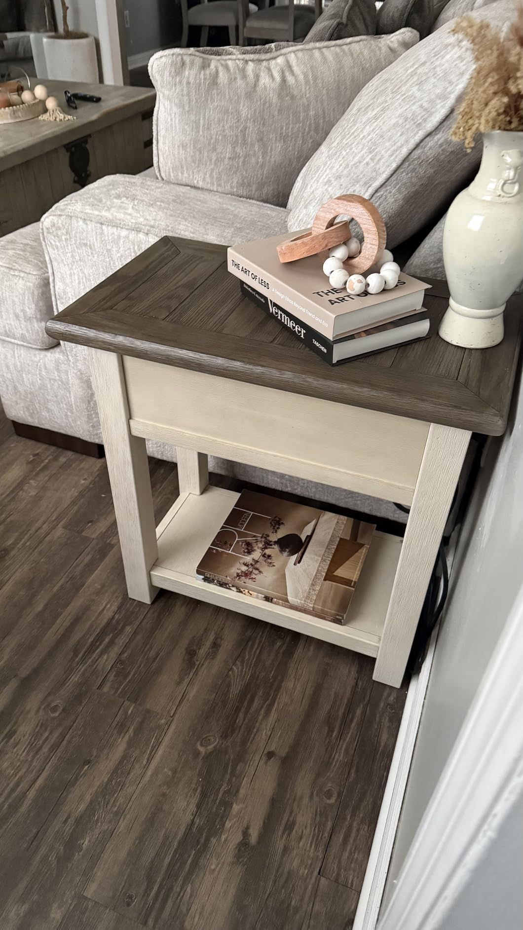 Signature Design by Ashley Bolanburg Chairside End Table With Charging Station, Two-Tone Wood Accent Table With Drawer Storage, Plank Top Design for Living Room or Bedroom, Antique White customer photo 1