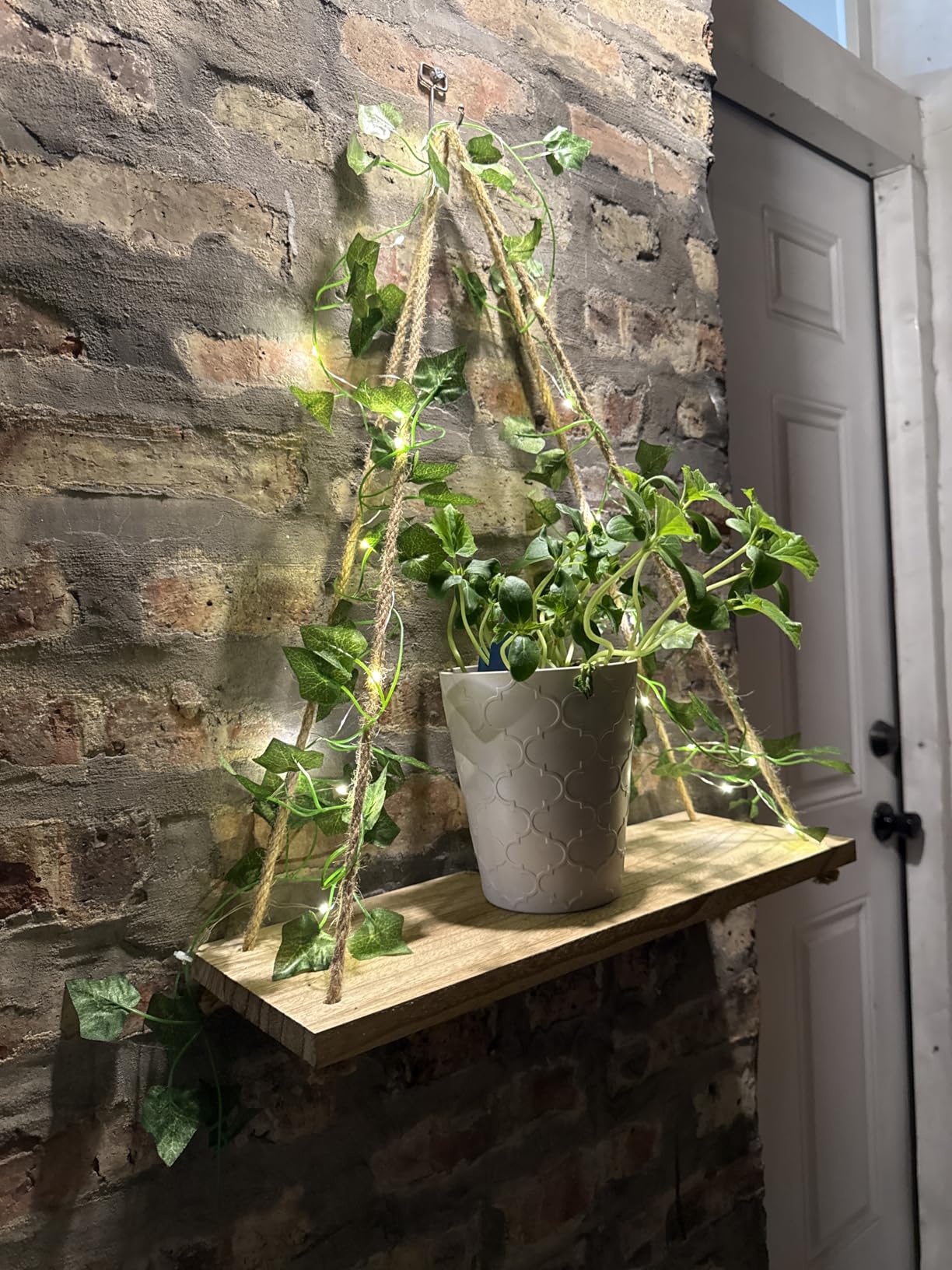 Macrame Floating Shelves for Wall No Drilling, Boho Hanging Shelf with Artificial Ivy and LED Lights, Plant Wall Decor for Living Room Bedroom Dorm customer photo 1