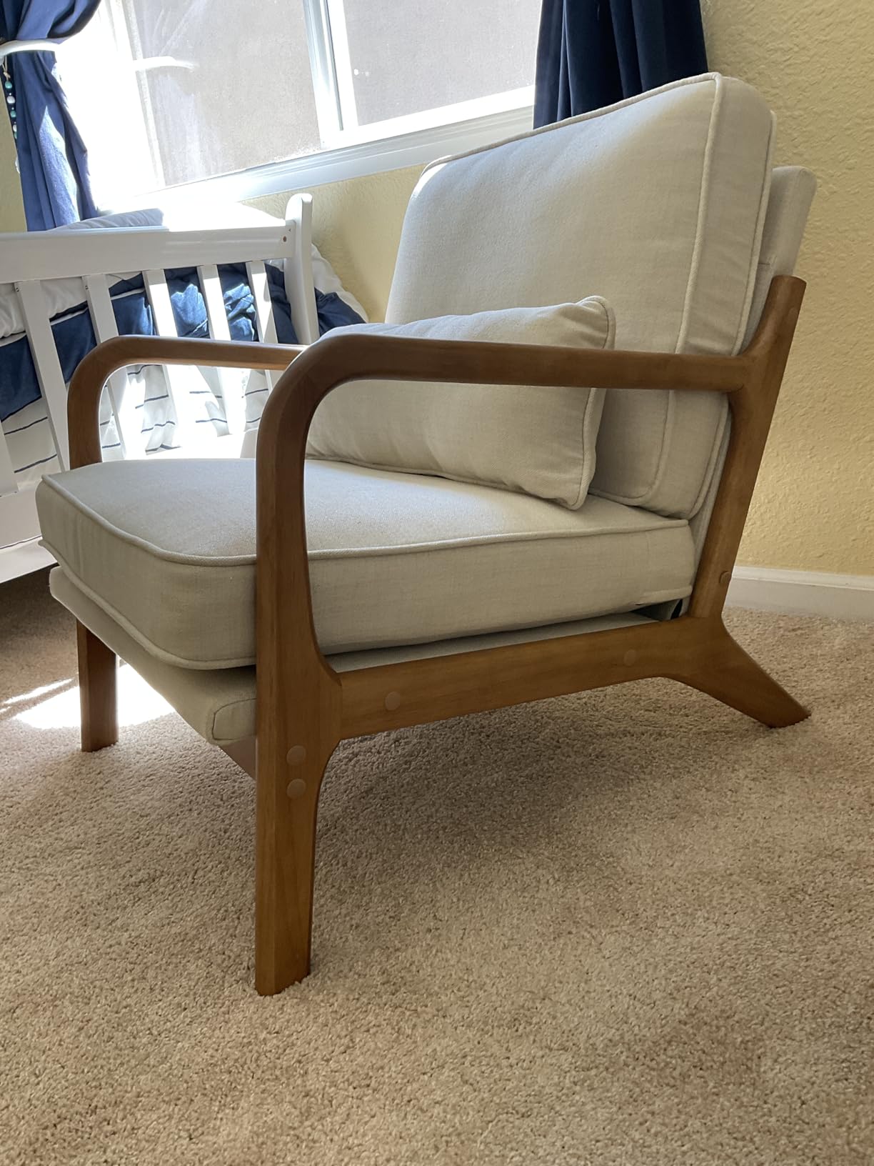 Karl home Accent Chair Mid-Century Modern Chair with Pillow Linen Fabric Upholstered Lounge Arm Chair with Solid Wood Frame & Soft Cushion for Living Room, Bedroom, Balcony, Beige customer photo 2