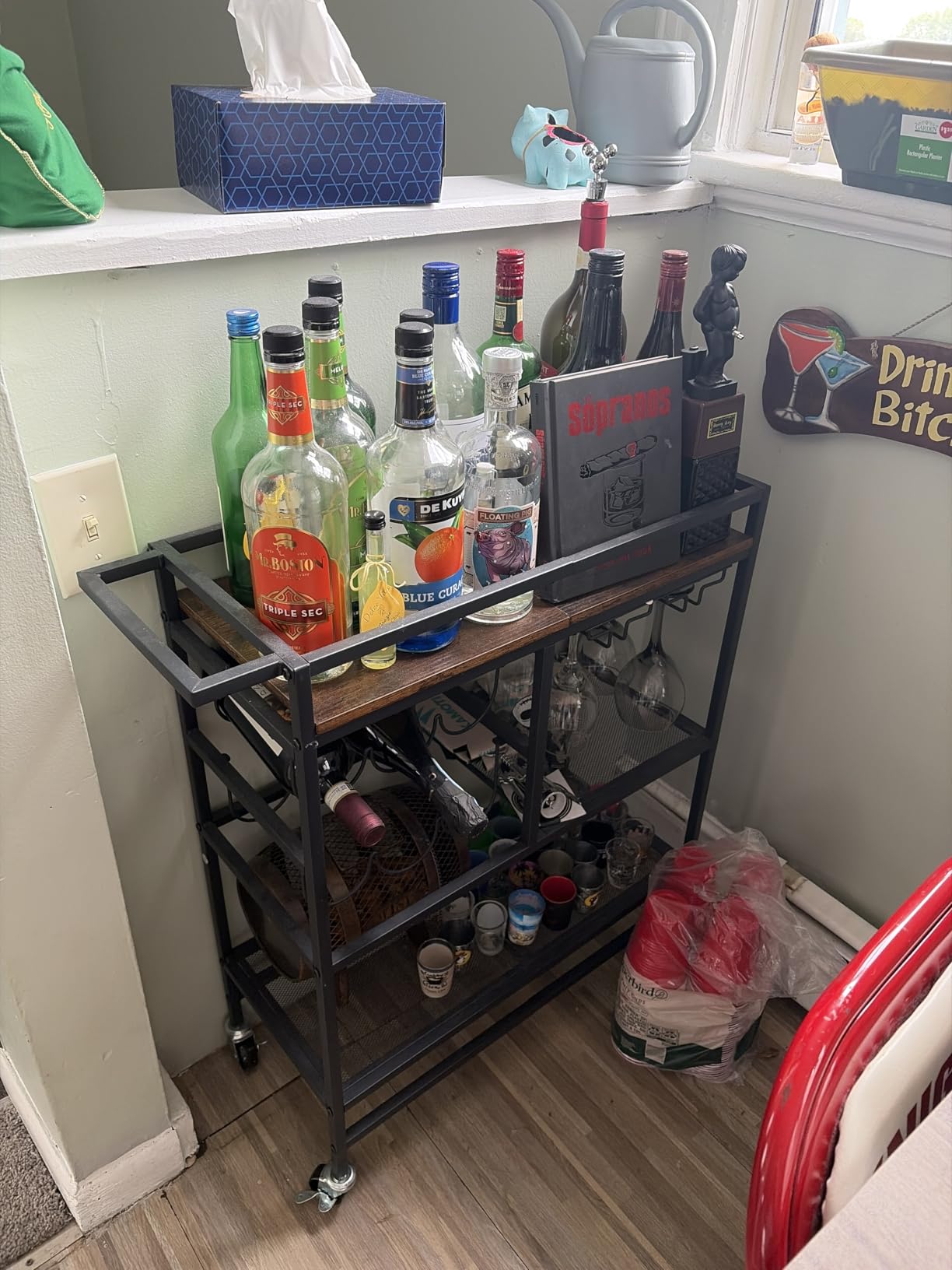 MAHANCRIS Bar Cart for Home, 3-Tier Serving Cart with Wheels and Handle, Beverage Cart with Wine Rack and Glass Holders, Rolling Wine Cart for Kitchen, Dining Room, Rustic Brown RCHR6101 customer photo 1